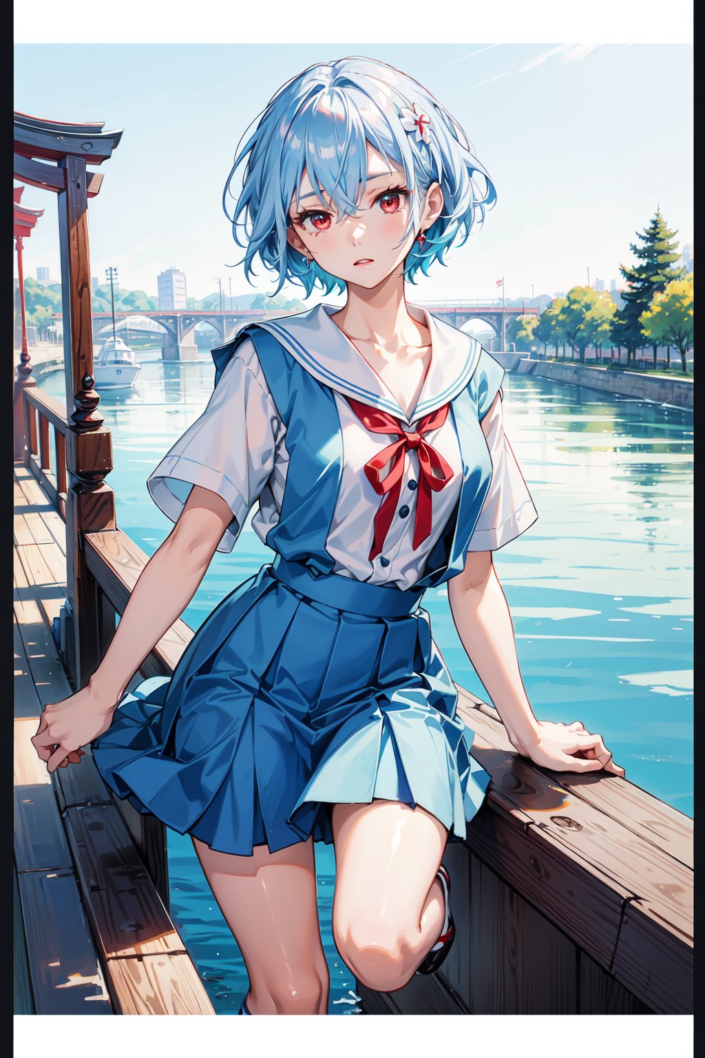 <lora:Rei-000011:0.6>,Rei CYQL,1girl,looking at viewer,solo,blue hair,red eyes,hair between eyes,medium breasts,(Rei School,short hair,tokyo-3 middle school uniform,collarbone,white shirt,short sleeves,red ribbon,white sailor collar,blue skirt,suspender skirt,black socks,white shoes),(;d:1.2),beautiful face,beautiful eyes,glossy skin,shiny skin,(bust,from_above,jumping:1.2),open hand,Canal, Lanterns, Dusk, Boat ride, Romantic ambiance,Moonflowers, Poetry books, Midnight, Moonlight, Inspiration, Creativity,beautiful detailed sky,beautiful detailed glow,(English text:1.3),(border:1.5),posing in front of a colorful and dynamic background,(masterpiece, best quality, beautiful and aesthetic:1.3),contrapposto,female focus,fine fabric emphasis,wallpaper,fashion,Lipstick,depth of field,intricate_detail,finely_detailed,fine_fabric_emphasis,(glossy),<lora:增强减少细节add_detail:0.3>,