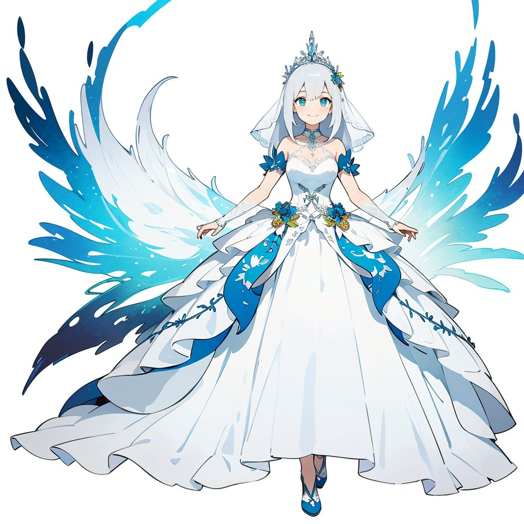 (masterpiece, best quality,top quality),(white background:1.5),(full body),1girl,solo,long hair,silver hair,wedding_dress,smile,hair ornament,looking at viewer,standing,outdoors,mini_wings,magic rings,park,<lora:Celluloid_flat_mix_v2:0.8>,