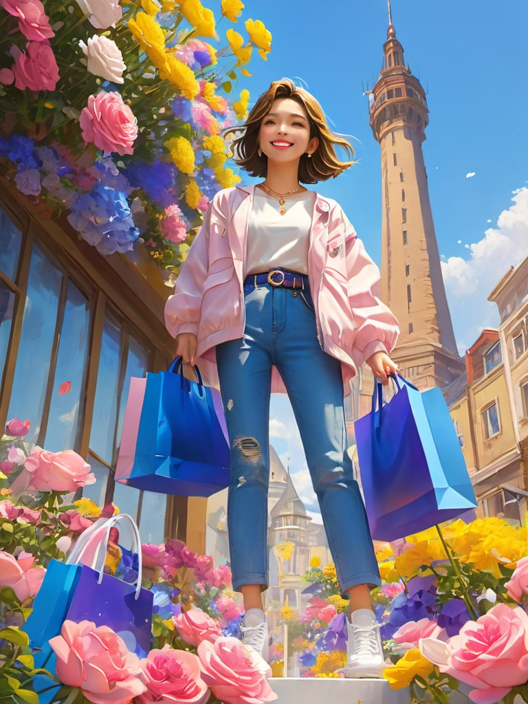 gwnh01, 1girl, pants, denim, jeans, brown hair, solo, flower, jewelry, torn pants, sky, torn jeans, jacket, earrings, outdoors, blue sky, belt, torn clothes, pink flower, bag, shoes, brown eyes, holding, shopping bag, day, smile, white footwear, rose, building, white flower, yellow flower, purple flower, petals, sneakers, white shirt, shirt, pink rose, full body, clock, tower, blue pants, white rose, from below, coat, necklace, standing, medium hair, holding bag, lips, looking at viewer, short hair, yellow jacket, parted lips, long sleeves, tulip,<lora:gwnh-XL:0.8>,, best quality, ultra-detailed, masterpiece, finely detail, highres, 8k wallpaper