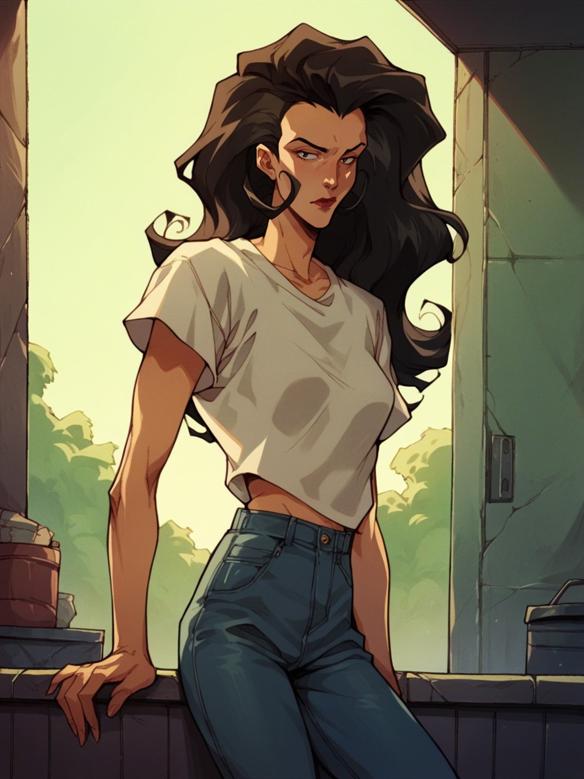 score_9, score_8_up, score_7_up, score_6_up, score_5_up,  <lora:aeoxFluxXLP:0.8> aeox flux, retro artstyle, 1girl, jeans, t-shirt, long hair, solo