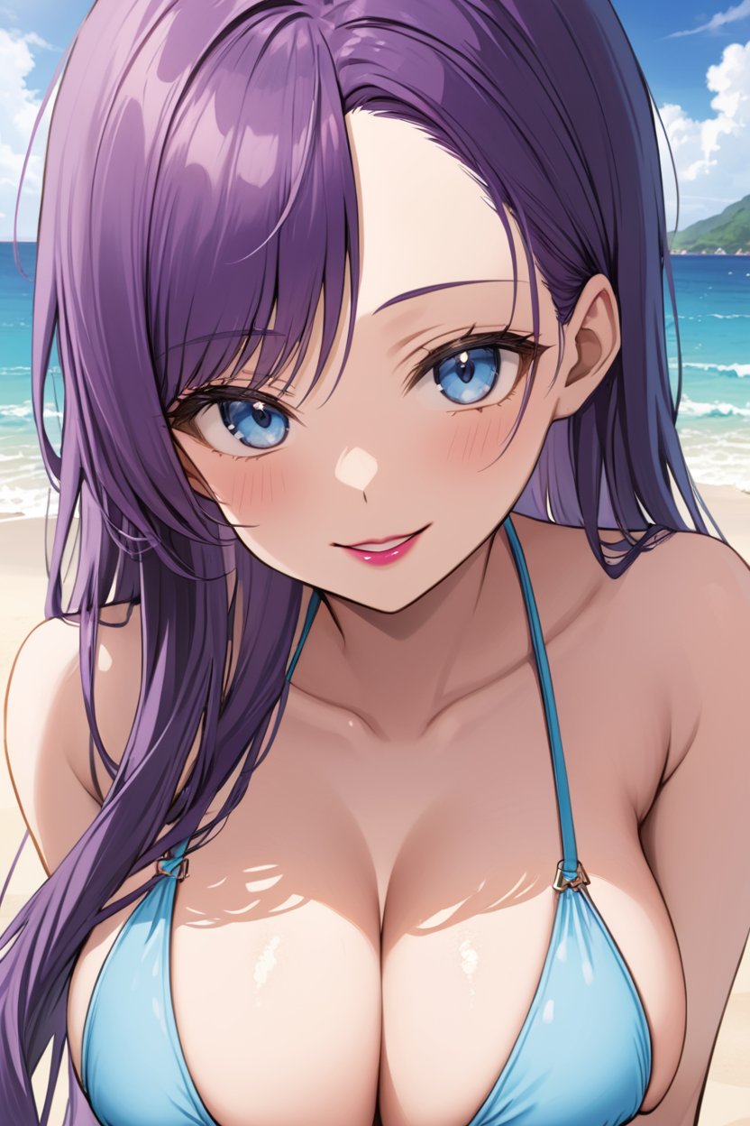 face focus, solo focus,1girl, purple hair, long hair, blue eyes, lipstick, swimsuit, bikini, huge breasts, beach, ocean, smile, looking at viewer, skinny, slim waist,<lora:detail:0.6>