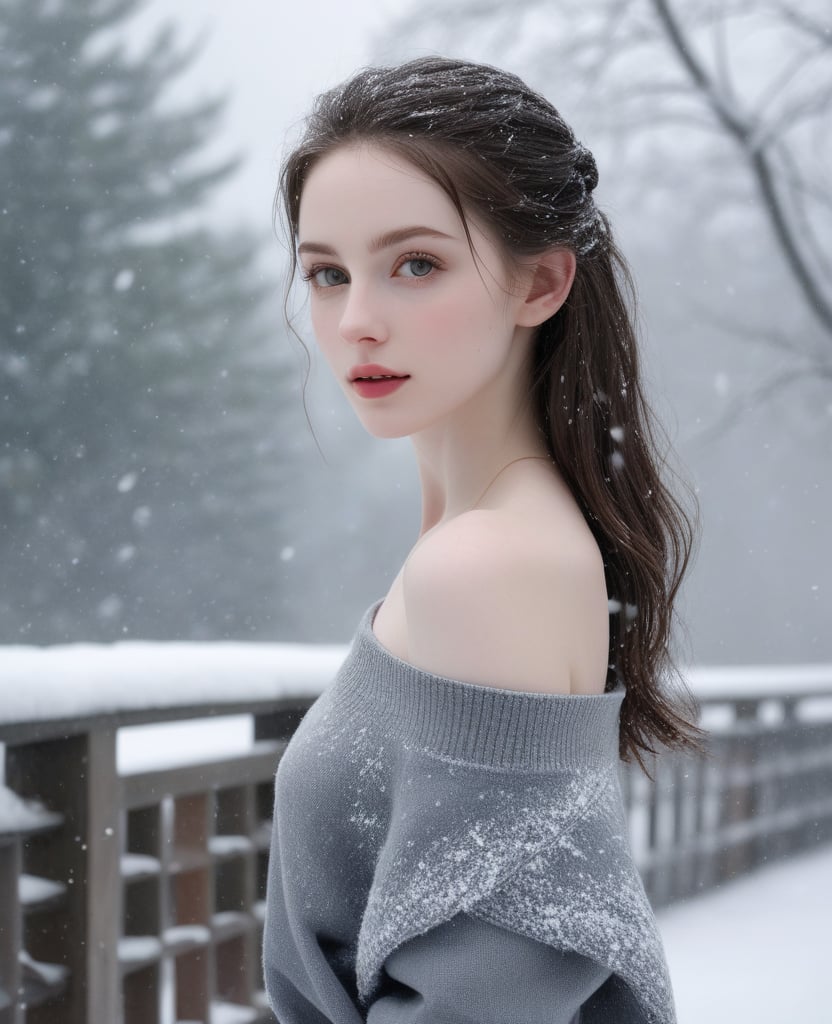 (realistic), (hyperrealism),best quality, masterpiece,ultra high res, (photorealistic:1.4),1girl,pale skin,skinny,(looking at viewer),bare shoulder,  snowing outdoor, looking at viewer, (()),