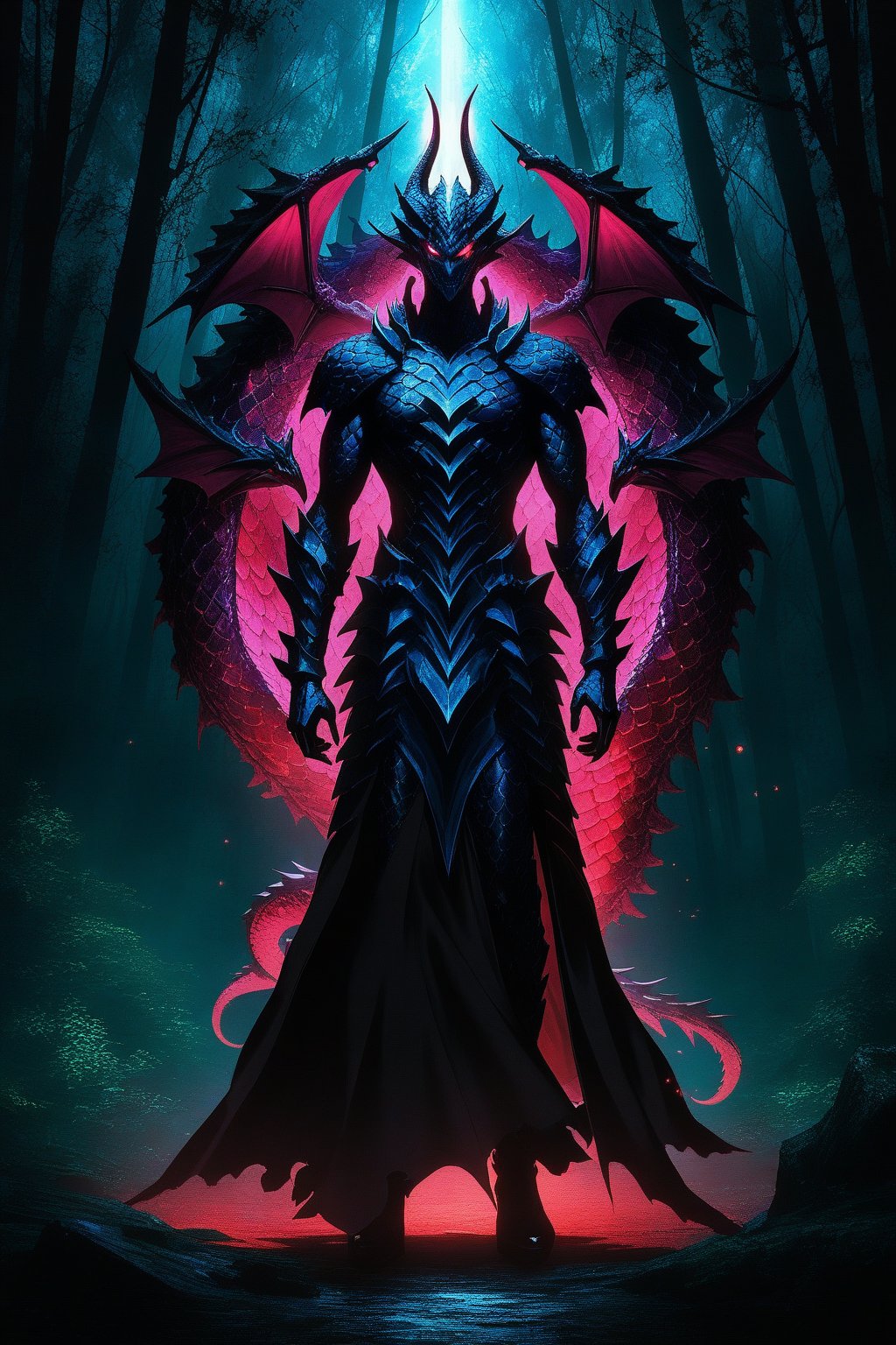 anime artwork human dragon hybrid, human head, dragon scale skin, dragon eyes, male focus, full body, standing, grimdark, creepy tale:1.15, dark forest background, rim lighting, style of Anato Finnstark, by alena aenami . anime style, key visual, vibrant, studio anime,  highly detailed