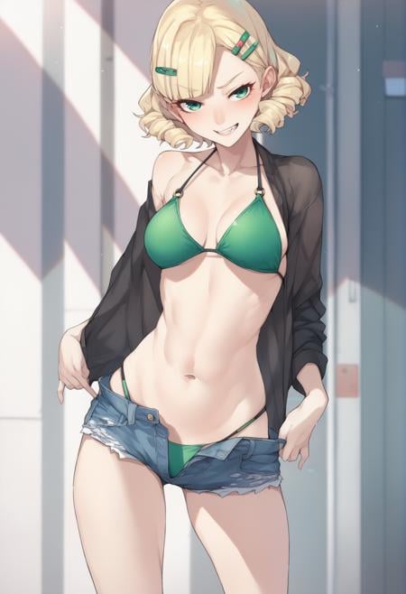 1girl, bikini, black shirt, blonde hair, blush, smug, teeth, breasts, denim, denim shorts, eyelashes, green bikini, green eyes, hair ornament, hairclip, looking at viewer, medium breasts, micro shorts, navel,  open fly, shirt, short hair, shorts, solo, standing, swimsuit, undressing <lora:Ban AP:1>, score_9, score_8_up, score_7_up, score_6_up, score_5_up, score_4_up, BREAK source_anime, masterpiece