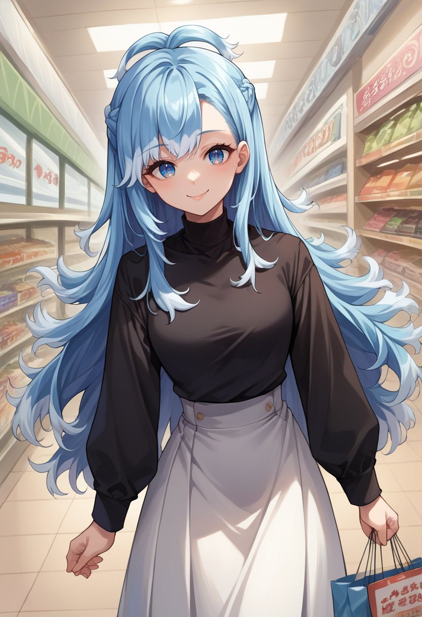 score_9, score_8_up, source_anime, 1girl, solo, KoboKanaeru, blue eyes, long hair, blue hair, colored tips, white hair, high-waist skirt, long skirt, white skirt, black shirt, long sleeves, smile, standing, indoors, shopping mall, <lora:Char-KoboKanaeruPonyXL:1>