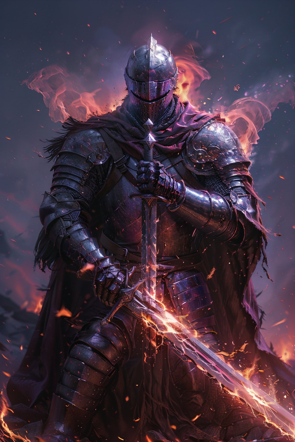 sdmai, weapon, sword, helmet, solo, armor, gauntlets, holding weapon, holding, holding sword, full armor, cape, flaming weapon, shoulder armor, flaming sword, knight, 1boy, torn cape, standing, male focus, pauldrons <lora:SDMAI骑士铠甲:0.75>