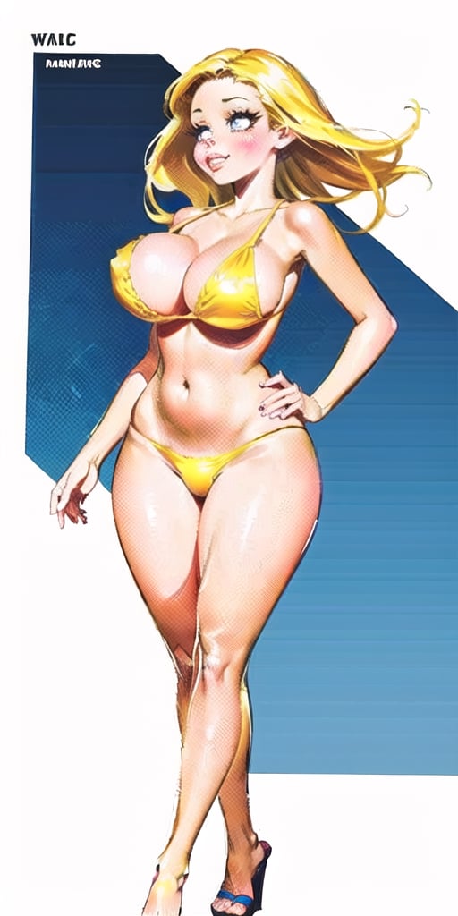 solo, female, blonde hair, walking on a tropical beach, (yellow bathsuit), large breasts, hourglass body, tall, whide hips, simple comic book illustration, graphic illustration, comic art, graphic novel art, vibrant, dolly, sexy pose, seductive<lora:EMS-411924-EMS:0.800000>