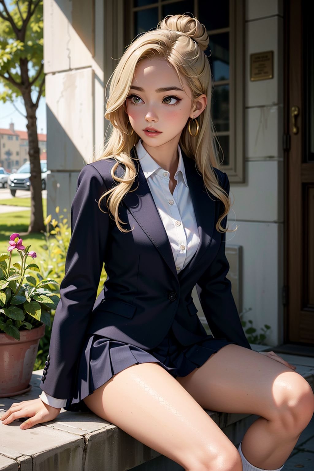 1girl, masterpiece, high quality, 8k, high resolution, perfect art, Navy blue blazer, white button-up shirt, red pleated skirt, knee-high socks, and leather loafers, Temptress, Tall, Fit, Round Face, Olive Skin, Honey Blonde Hair, hazel Eyes, Narrow Nose, Thick Lips, Round Chin, Long Hair, Thick Hair, Bun, saggy breasts, Faux gauge earrings, fuchsia metallic lipstick, Ivy League university campus