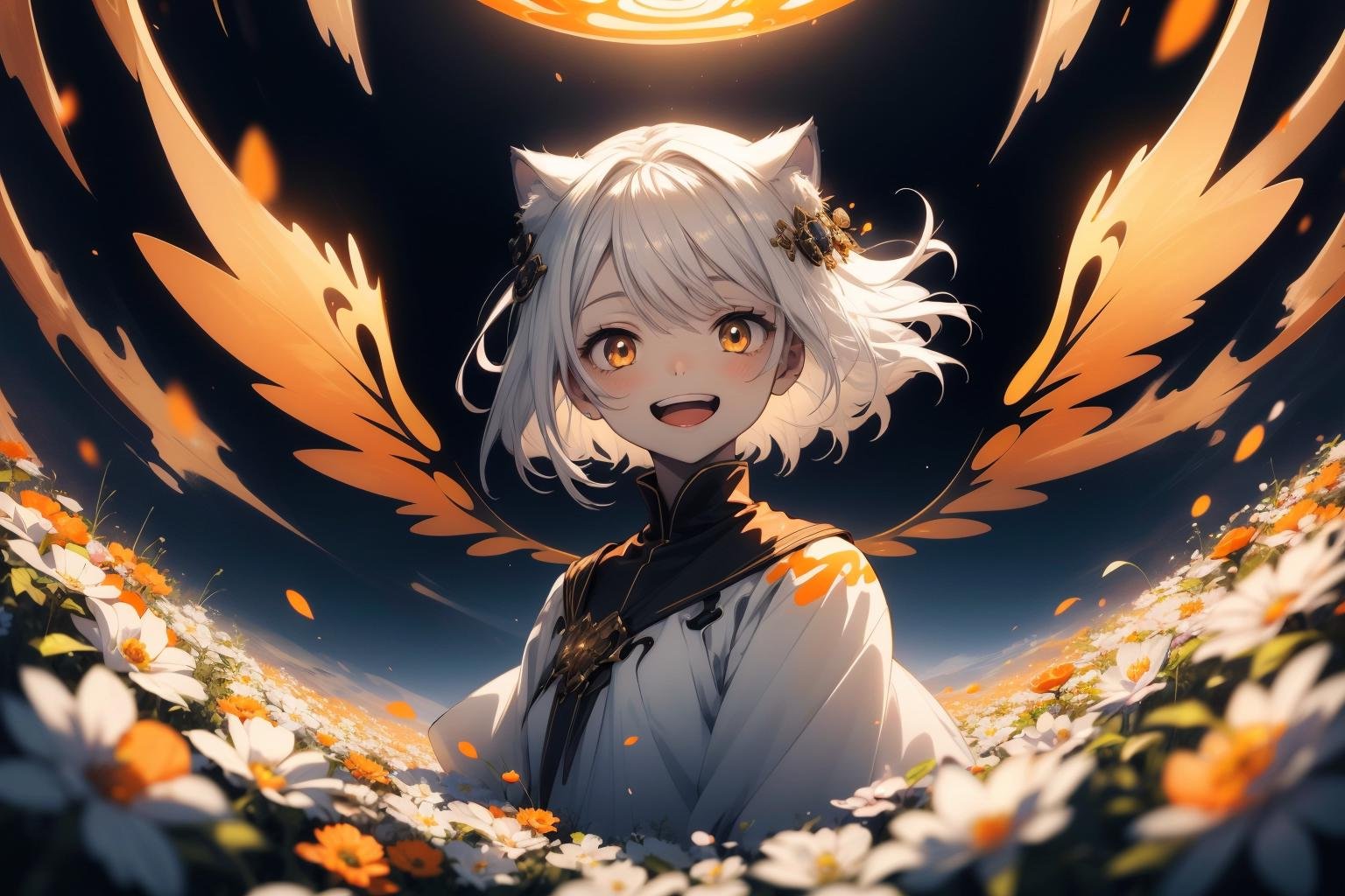 extreme quality, cg, solo, (colorful:0.85), (1girl), (cute anime girl), glorious spread wings, (translucent glass wings:1.28), (wide angle), portrait, cowboy shot, wide wingspan, (happy, excited, open mouth, smiling, expressive eyes), white hair, flower, (dynamic angle), looking at viewer, glowing eyes, animal ears, white dress, luxury, gold trim, (orange theme:1.18), white pearlescent marble coating, solo, field of vision, sky aesthetic scenery, centered,