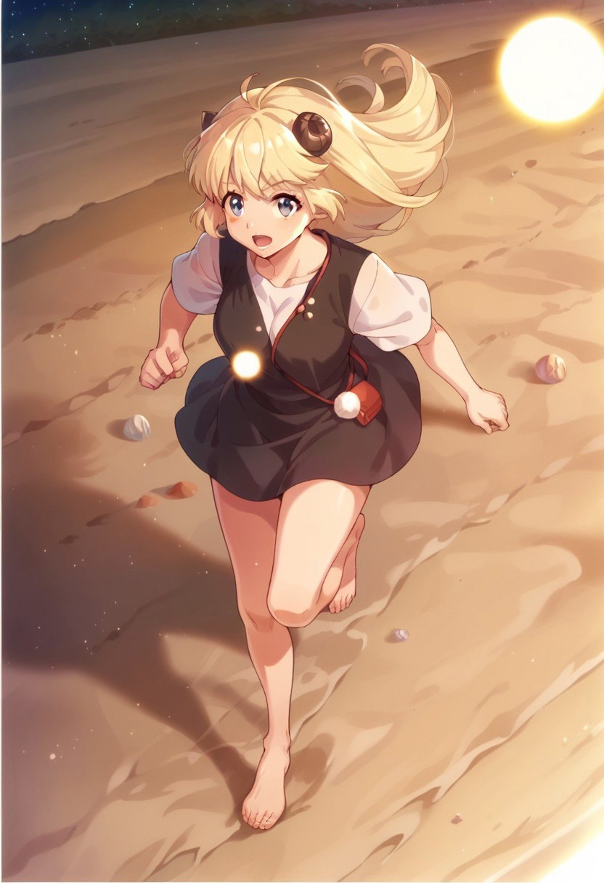 score_9, score_8_up, score_7_up, tsunomaki watame, road, barefoot, beach, sun, running, dress, space, lamppost