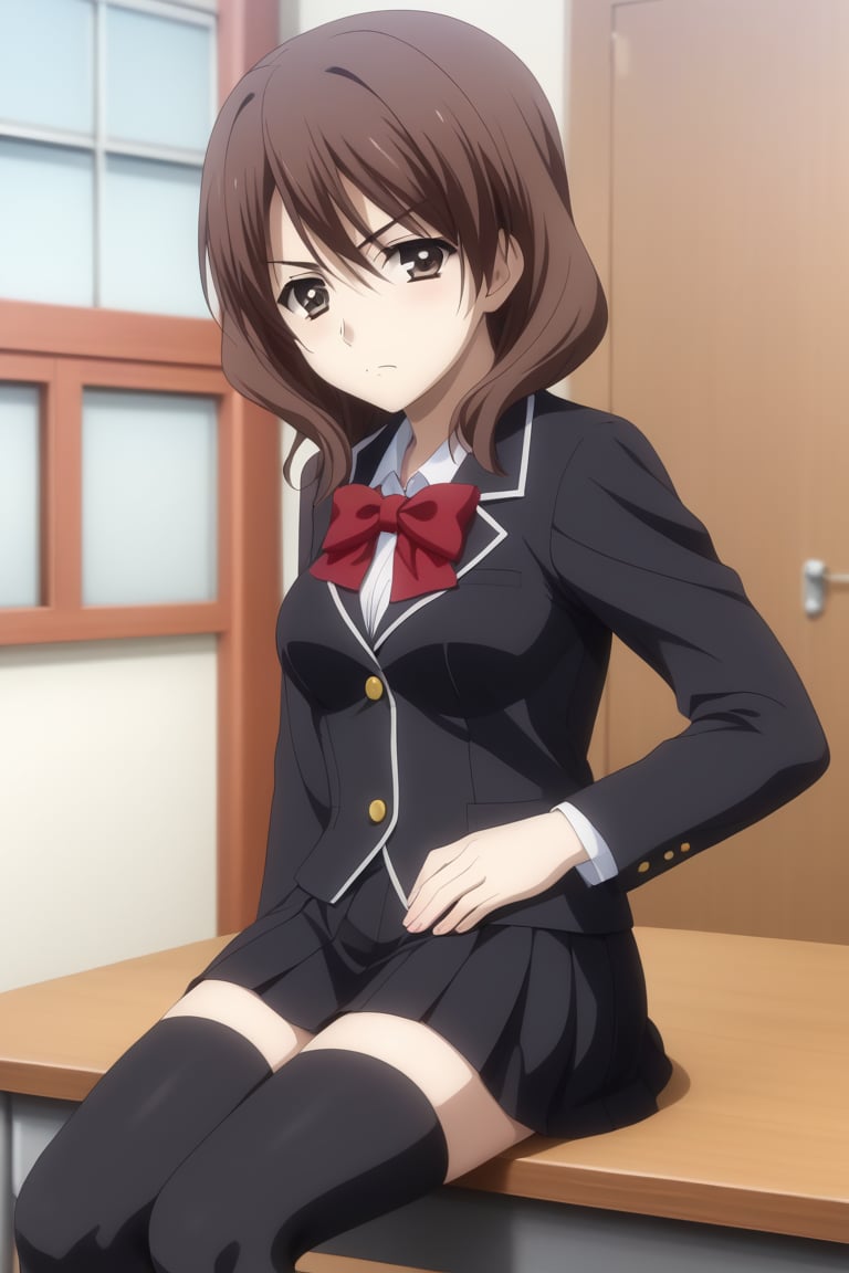 Highly detailed, High Quality, masterpiece, beautiful, 1girl, solo, (young woman, 18 years old), chie ashikaga, brown hair, brown eyes, serious face, medium hair, (medium breasts), (black skirt, thighhighs, school uniform, black thighhighs, zettai ryouiki, bow, red bow, black jacket), looking_at_viewer, closed_mouth, from front, (focus side), upper_body<lora:EMS-413568-EMS:1.000000>