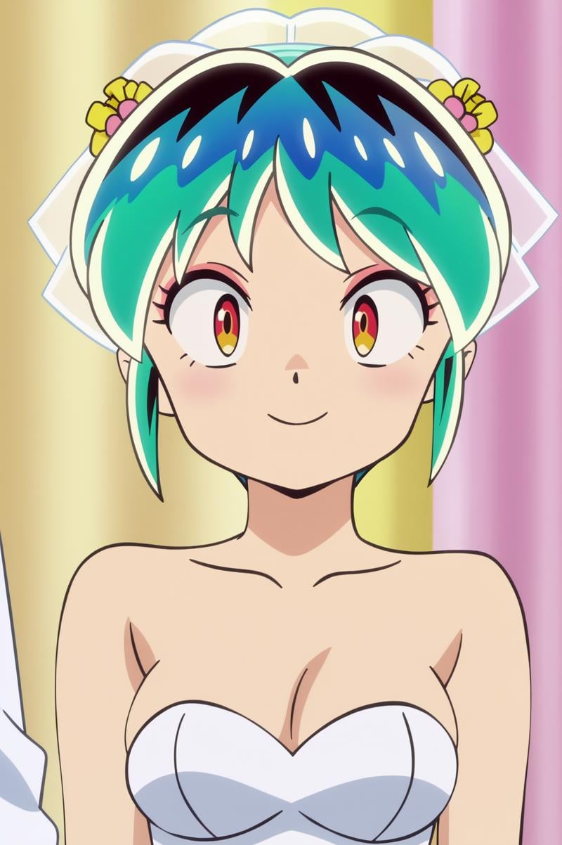 anime screencap, consistent background,   Lum, upper body, light smile, wedding dress <lora:Private_Urusei_Yatsura_2022_-_Lum_-_PDXL:0.8>