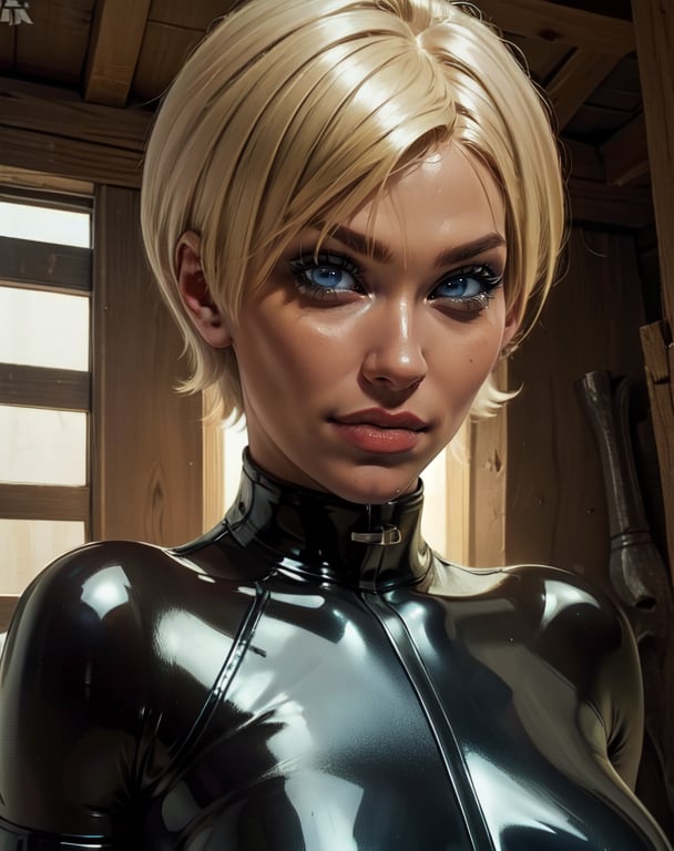 laingocpus,short hair,lips,blue eyes,blonde hair,tan bodysuit,skin tight,gloves,latex,small shack,standing,upper body,(insanely detailed, beautiful detailed face,beautiful detailed eyes, masterpiece, best quality),<lora:laughingoctopus-10v7:0.7>,