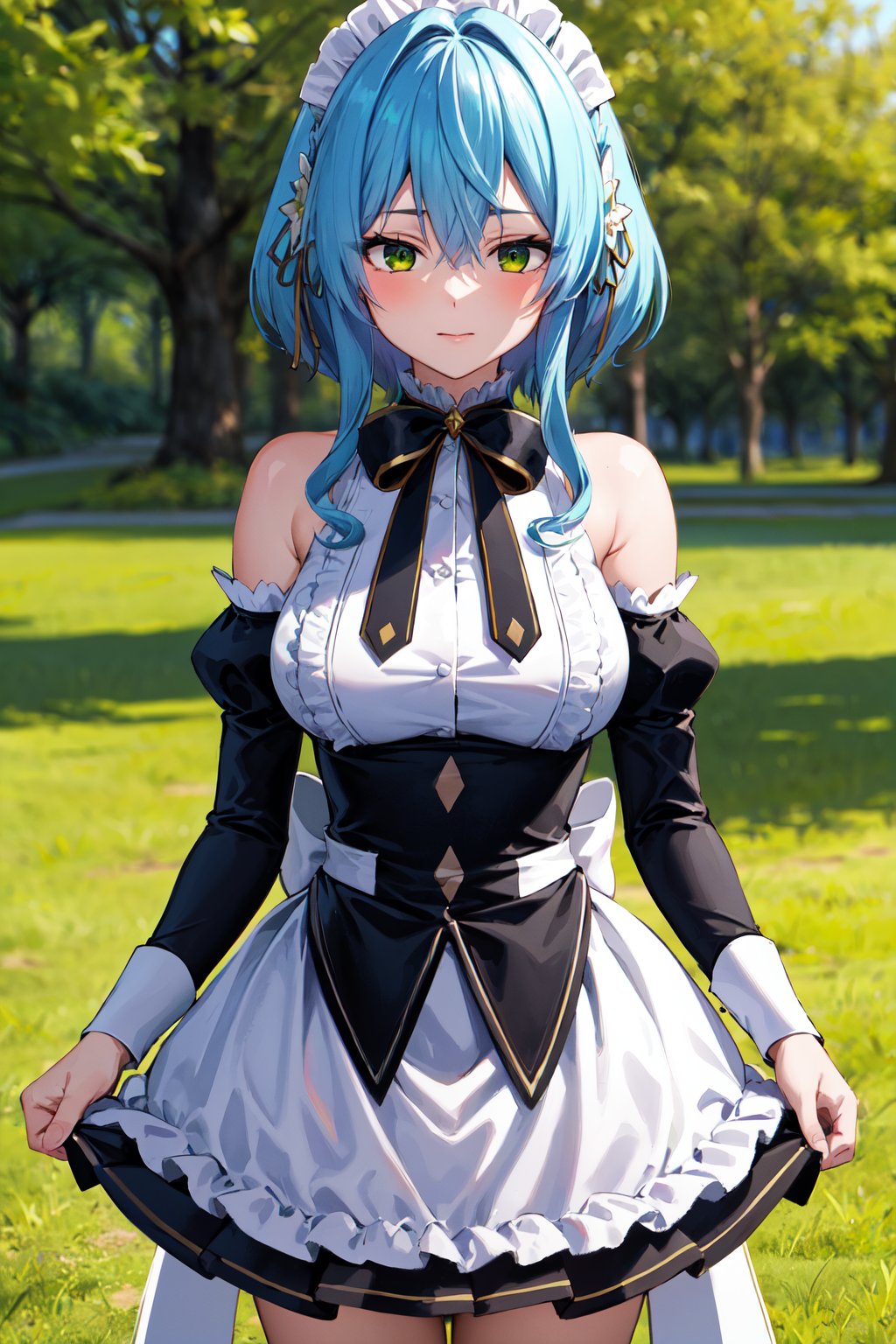 masterpiece, best quality, highres, aavillhaze, short hair, maid headdress, green eyes, breasts, maid, black bowtie, bare shoulders, frills, dress, underbust, detached sleeves, long sleeves, maid apron, <lora:villhaze_v1:0.7>, standing, cowboy shot, outdoors