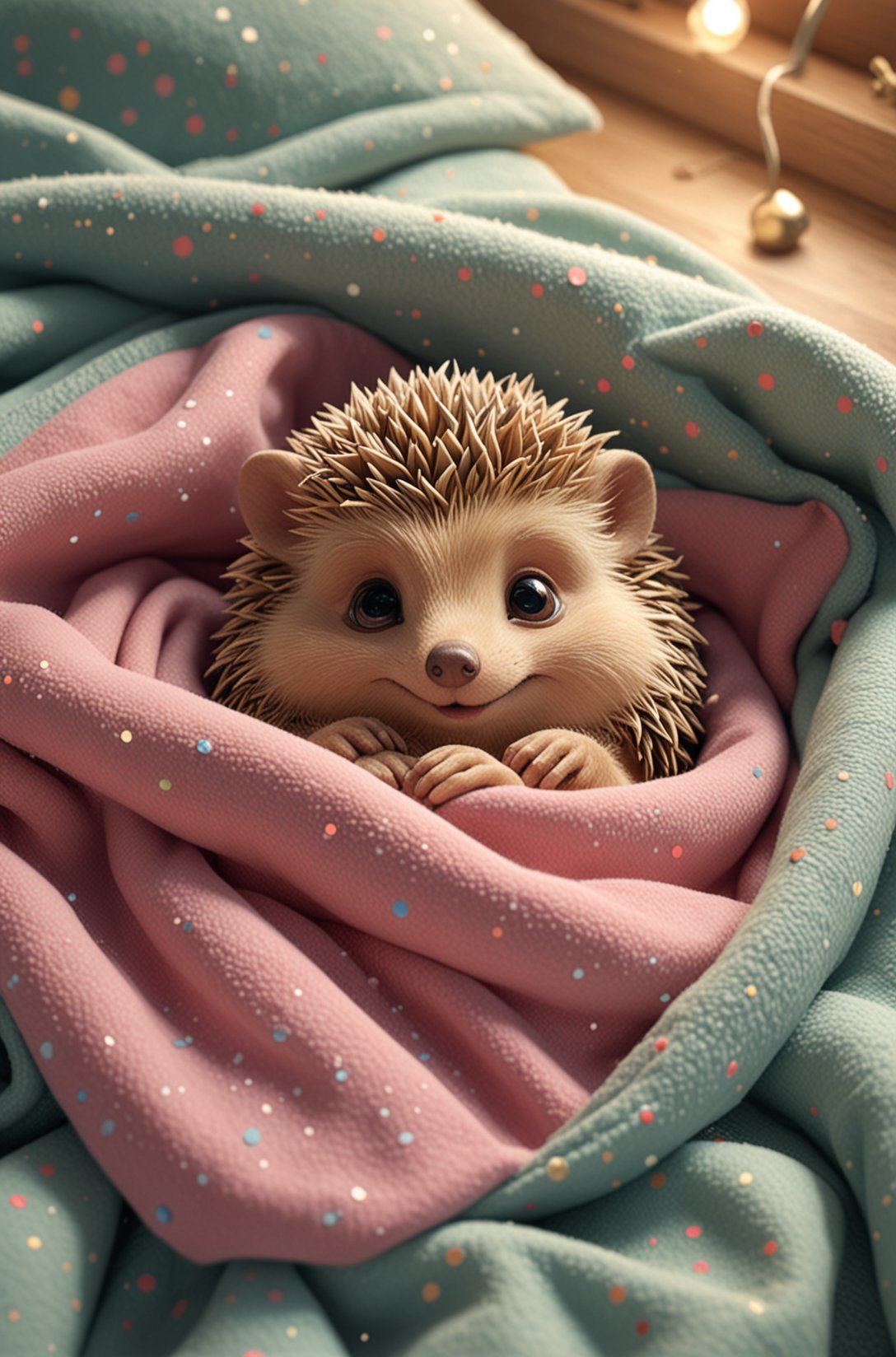 Cute cartoon style of a adorable little colourful Hedgehog, snuggled, curled up, smiling, sleeping with a little blanket, tiny bedroom, on a bed under the blanket, ethereal, soft, detailed, iridescent scales, beautiful, cosy, cute, Pixar, snoozing, 3D render, UHD