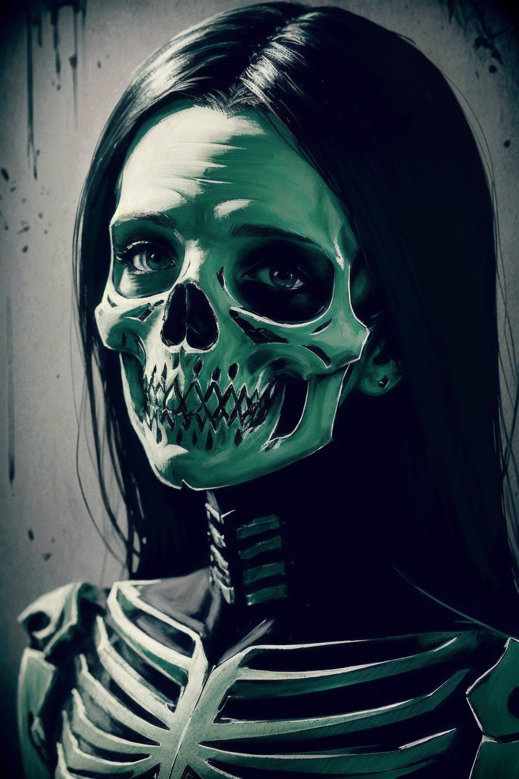 illustration, cartoon, soothing tones, calm colors, (masterpiece, high quality, horror:1.3), (solo:1.1), a digital arf of a green skeleton girl, cover of a deathcore band, Extreme detail, photorealistic, morbid, paper texture, nsfw