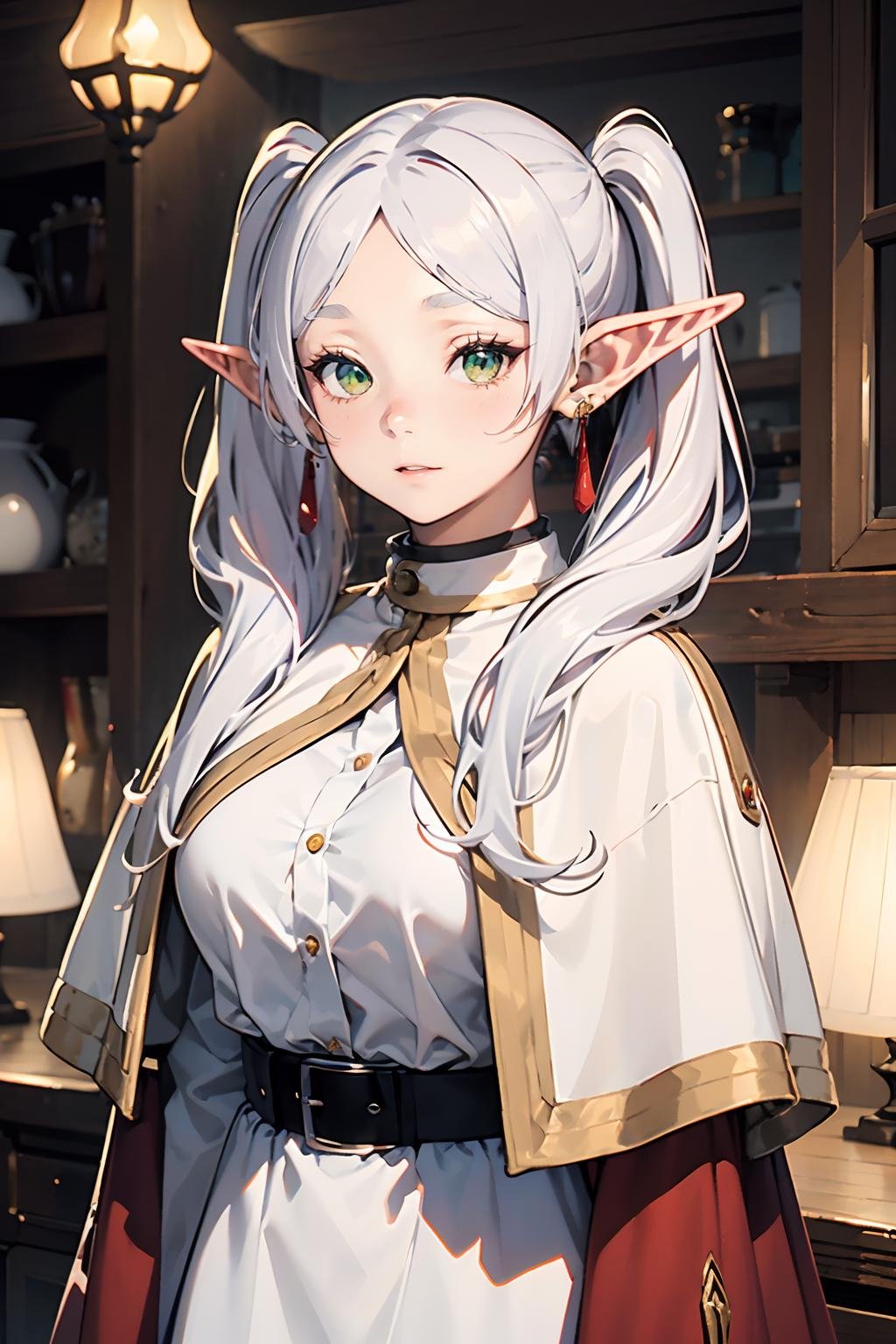 <lora:jingling_009:0.8>,animation,comic,wallpaper,huge filesize,super high resolution,best quality,Photos,4k,ingling,1girl,pointy ears,(green eyes:1.1),solo,twintails,(white hair:1.2),jewelry,long hair,elf,earrings,long sleeves,looking at viewer,bangs,closed mouth,full_shot,cloak,bangs,shirt,white cloak,striped_shirt,