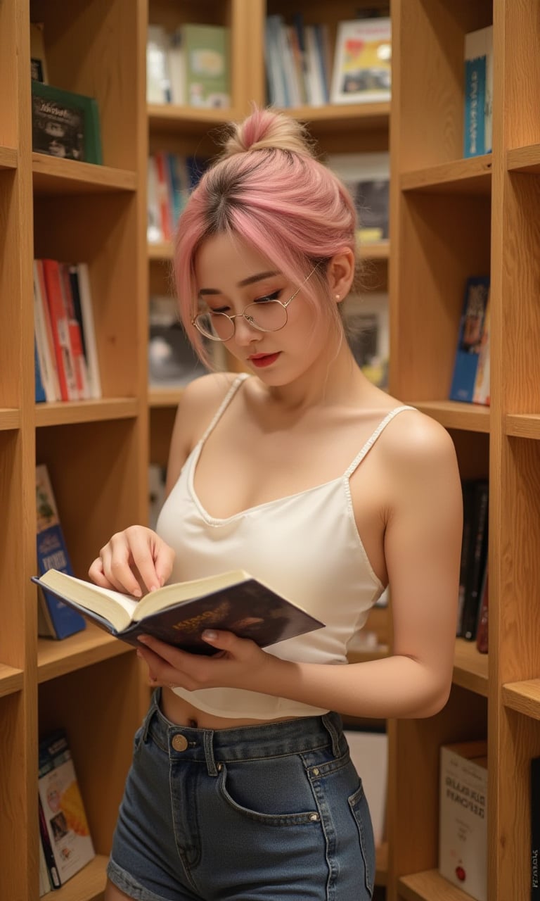 This is a real high-definition photo,This is a warm and cozy photo. In the photo, there is a woman standing between tall wooden bookshelves, dressed in a casual outfit of a white camisole and denim shorts. Her hair is a striking blend of pink and white, tied up in a loose bun with a few strands falling around her face. She wears a pair of stylish glasses that frame her focused eyes as she reads a book, completely absorbed in its pages. Her fingers lightly trace the lines on the page, and her lips curl into a faint smile, suggesting she is enjoying a delightful story. The soft lighting of the bookstore casts gentle shadows, and the shelves around her are filled with colorful books, creating an intimate and inviting atmosphere.