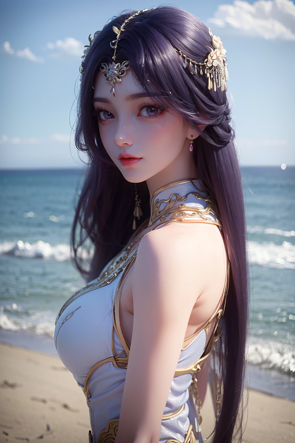 wanmei\(yunxi\),chinese dress,1girl,upper body,solo,<lora:yunxi_v3:0.6>,beach,