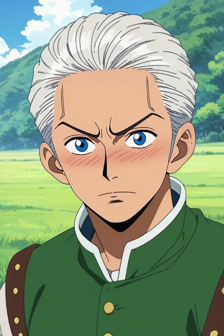 score_9, score_8_up, score_7_up, , anime screencap, rating_safe, intricate details, , depth of field, 1boy, male focus, light blue eyes, silver hair, quiff hairstyle, dwarf costume, solo, upper body, prairie, day, clouds, slouching, embarrassed, nose blush, <lora:one_piece_style_pony:0.82>, one_piece_style, , <lora:sdxl_lightning_8step_lora:1>