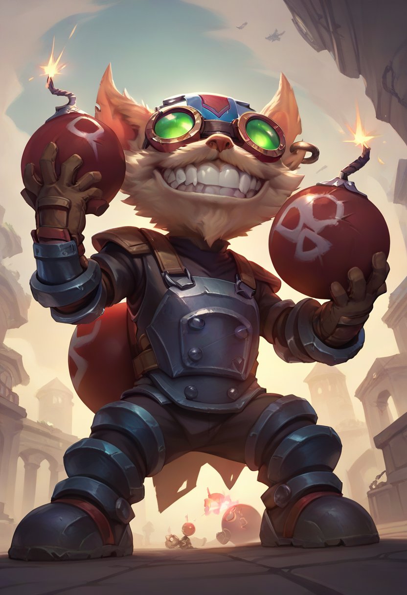 ,score_9, score_8_up, score_7_up, score_6_up,z1ggs, 1boy, male focus, yordle,armor, goggles, helmet, gloves, brown gloves,  <lora:Ziggs_Default_v1:0.9>, from below, holding bomb, bomb, grenade 