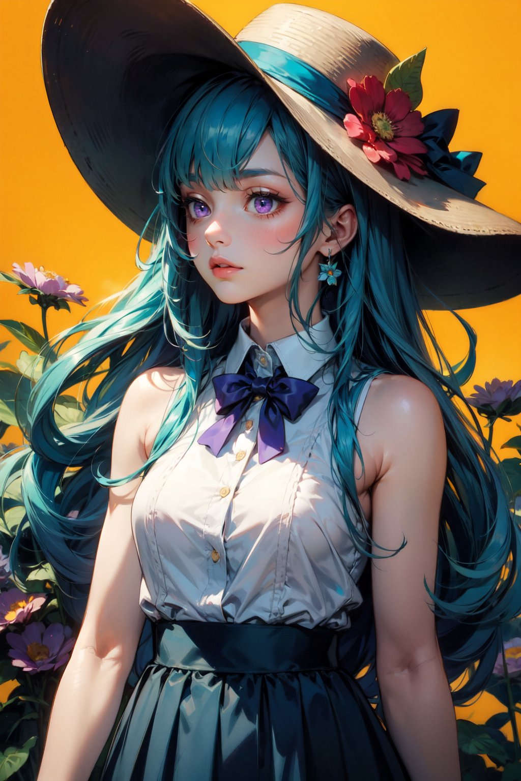 1girl, solo, long hair, looking away, bangs, purple eyes, skirt, shirt, floating hair, bow, bare shoulders, jewelry, medium breasts, closed mouth, blue hair, white shirt, upper body, flower, sidelocks, sleeveless, collared shirt, bowtie, blue skirt, sleeveless shirt, aqua hair, bird, white flower, red flower, yellow background, pink flower, blue flower, purple flower, hat flower