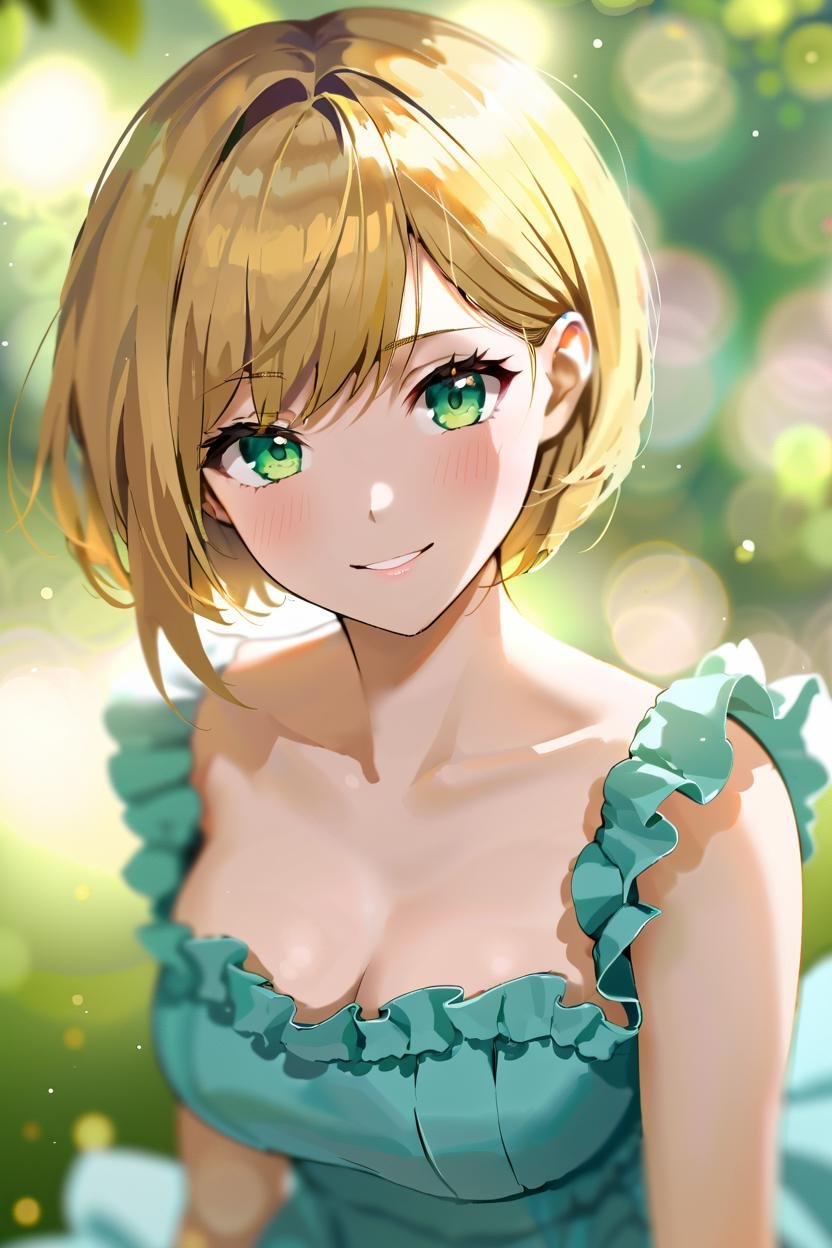 masterpiece, best quality, absurdres, solo, short hair, blonde hair, green eyes, medium breasts, dress, frills, smile, portrait, simple background, bokeh, blurry background, 