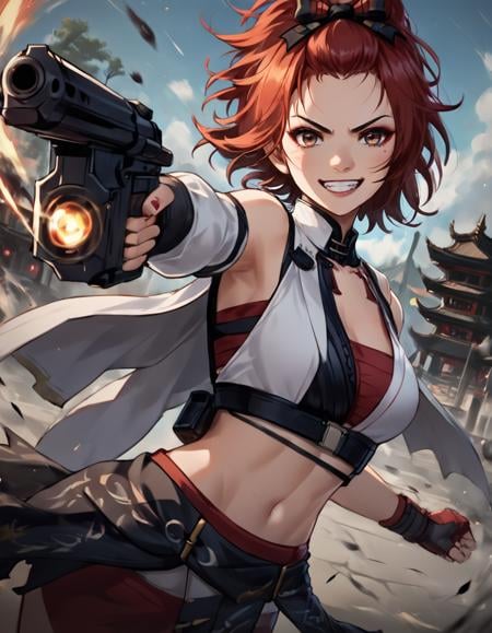 score_9, score_8_up, score_7_up, ch1x1a,official_costume,rating_safe,source_anime,ch1x1a, solo, futuristic  gun, (feral), evil smile,  looking at viewer, ranged weapon, detailed background,  dynamic,fighting stance,heroic, digital media \(artwork\),motion blur,epic fantasy background, east asian architecture, <lora:Chixia_Wuthering_waves_v2:0.9>