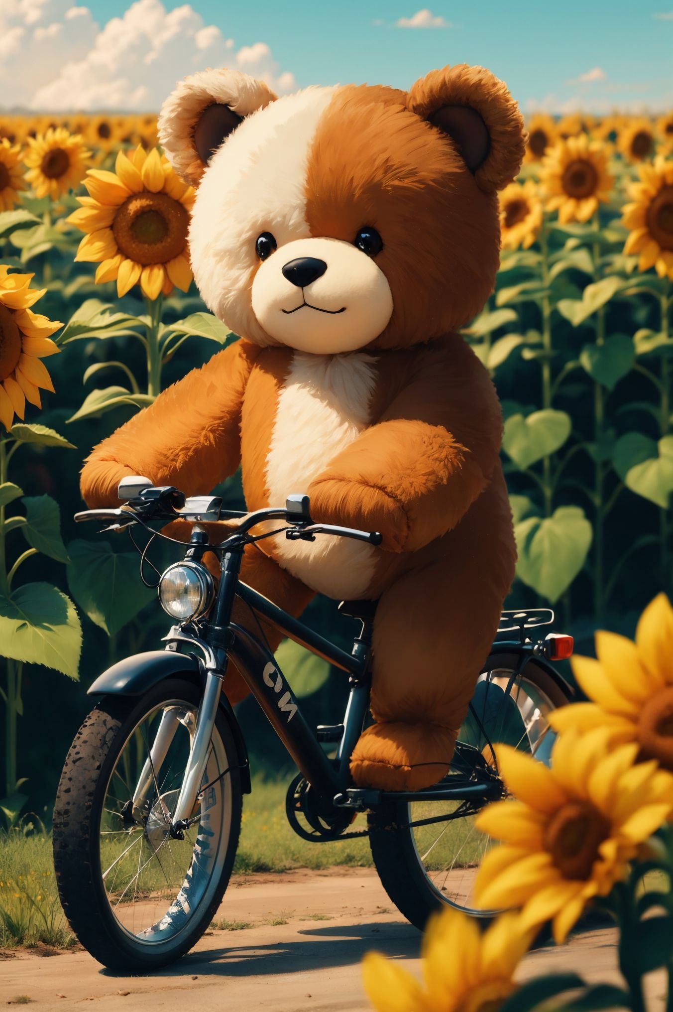 ï»¿A giant teddy bear riding a bicycle through a field of sunflowers.,(kawaii,chibi:1.1),