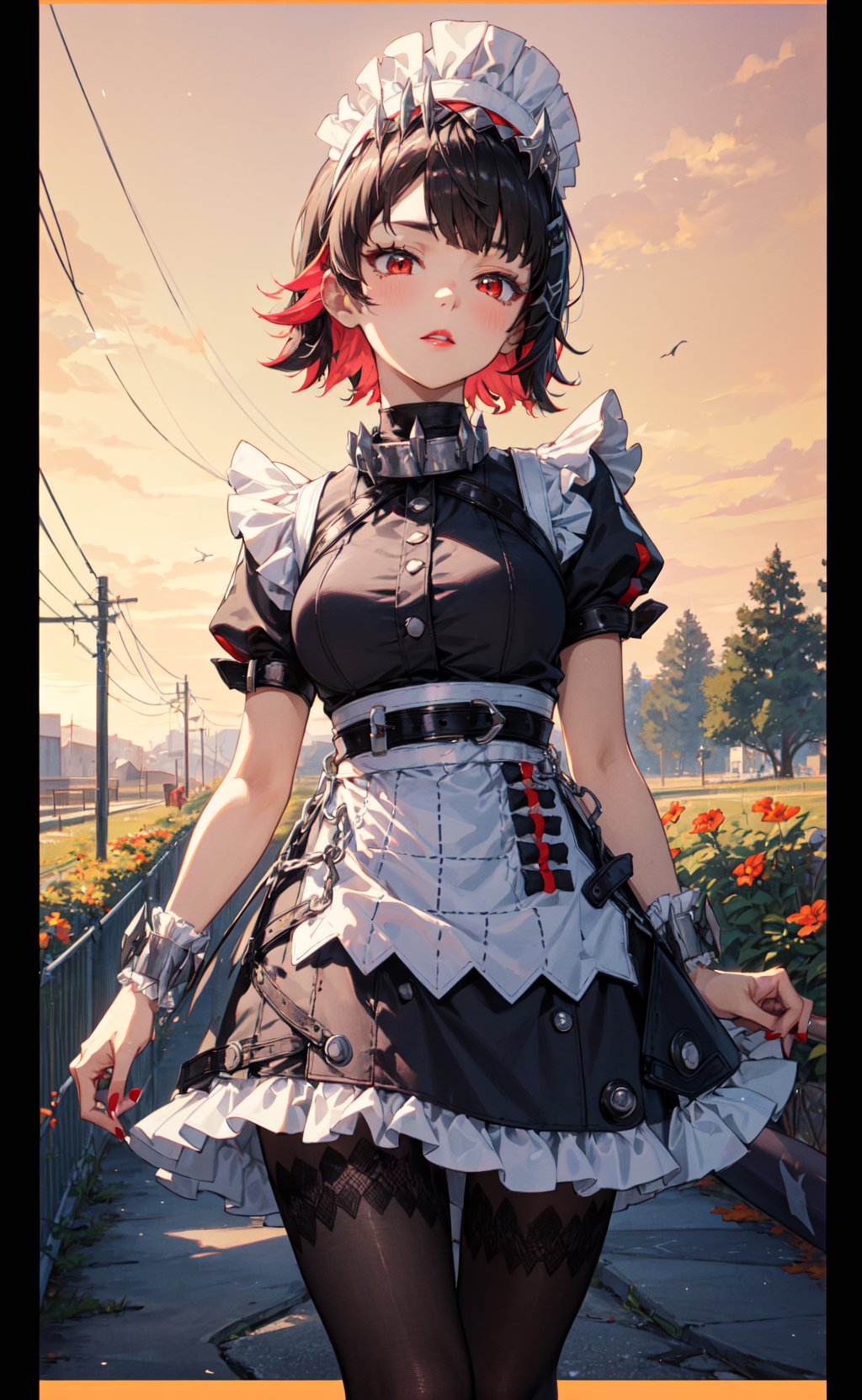 <lora:Ellen-000010>,Ellen CYQL,1girl,looking at viewer,solo,shark girl,short hair,black hair,red hair,multicolored hair,colored inner hair,maid headdress,red eyes,maid,wrist cuffs,short sleeves,puffy sleeves,red nails,apron,maid apron,dress,black dress,frills,tail,shark tail,fins,pantyhose,black pantyhose,black footwear,(yandere:1.2),beautiful face,beautiful eyes,glossy skin,shiny skin,(cowboy_shot,front view,running:1.2),v,California poppies, Rolling hills, Orange hues, Golden hour, California landscape, Dusk sky,beautiful detailed sky,beautiful detailed glow,(English text:1.3),(border:1.5),posing in front of a colorful and dynamic background,(masterpiece, best quality, beautiful and aesthetic:1.3),contrapposto,female focus,fine fabric emphasis,wallpaper,fashion,Lipstick,depth of field,intricate_detail,finely_detailed,fine_fabric_emphasis,(glossy),<lora:增强减少细节add_detail:0.4>,