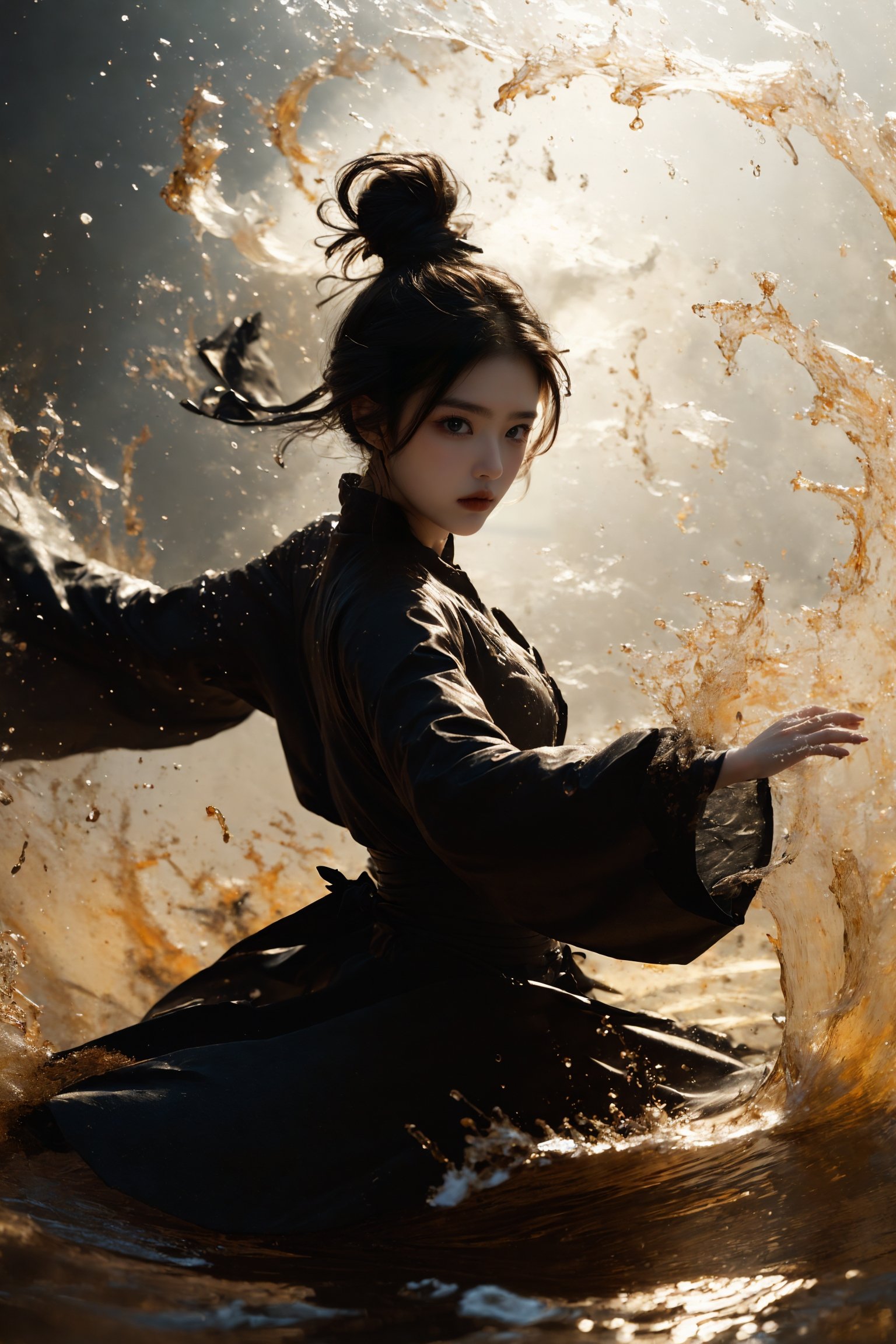 ultra high resolution, ((masterpiece))), (((best quality))), ((super detailed)),  ((extremely delicate and beautiful)),cinematic light, detailed environment，(real), motion blur, depth of field,1 girl,solo,hair bun,single hair bun,black hair,wide sleeves, outstretched arms, fighting stance,(splashing:1.2),<lora:绪儿-武侠V3 xuer martial arts:0.8>