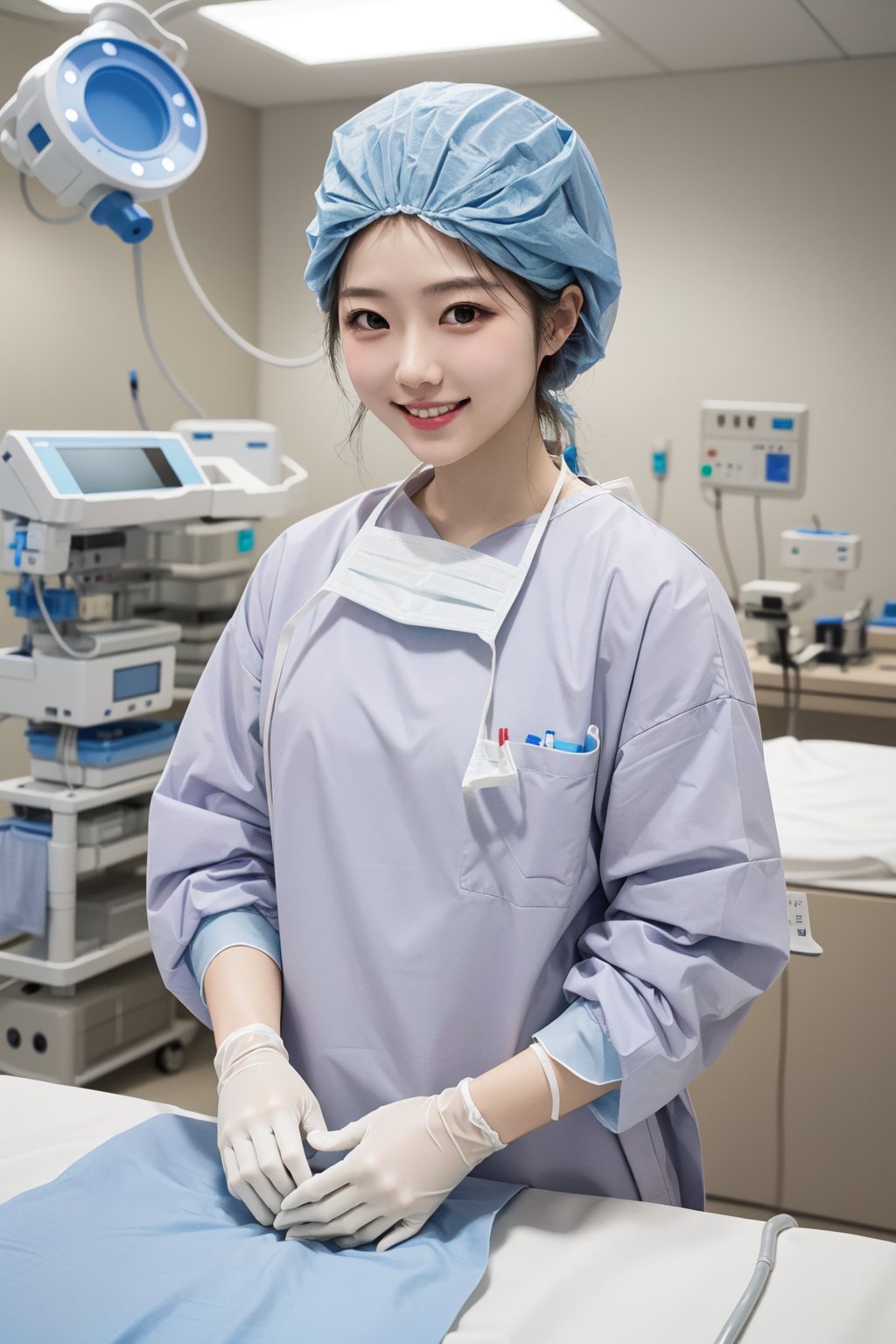 (RAW photo, best quality), 1girl, long sleeve surgical outfit, surgical gloves, surgical cap,  operating room, overhead surgical light, light smile, <lora:concept_surgical_mask_open_v2_1:1> surgical_mask_open, completely_undone, 