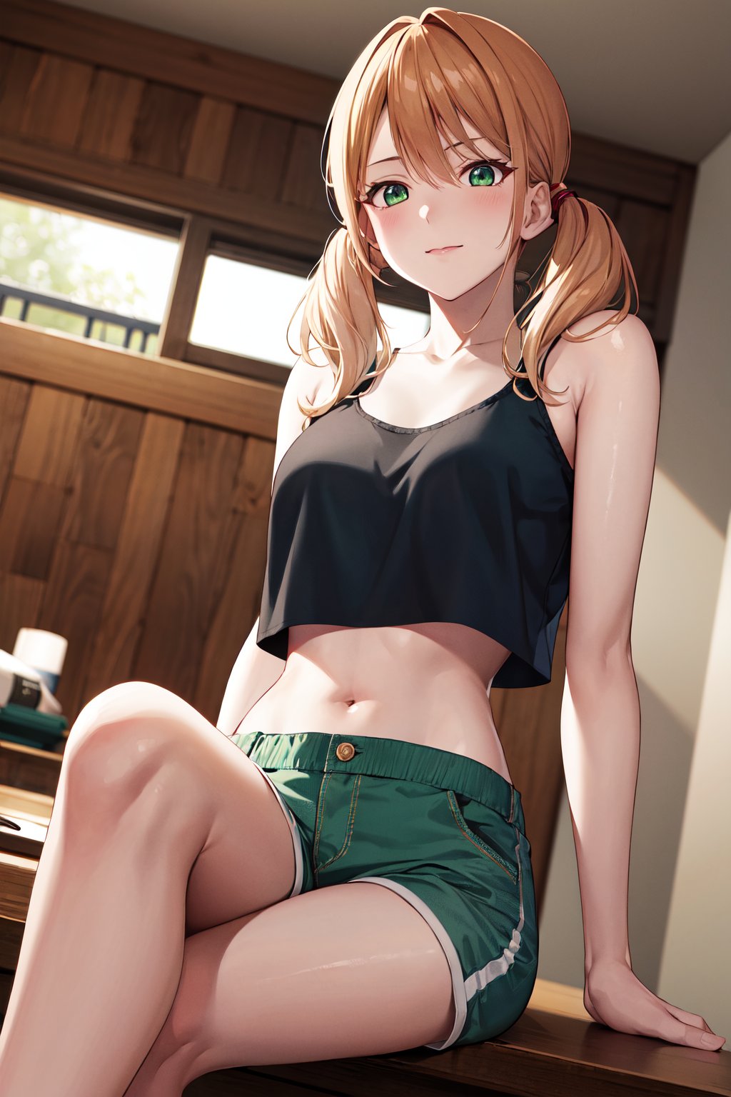 masterpiece, best quality, highres, 1girl, solo, blonde hair, low twintails, green eyes, <lora:tsukishima_riho_v1:0.7>, crop top, midriff, shorts, room, sitting, crossed legs,