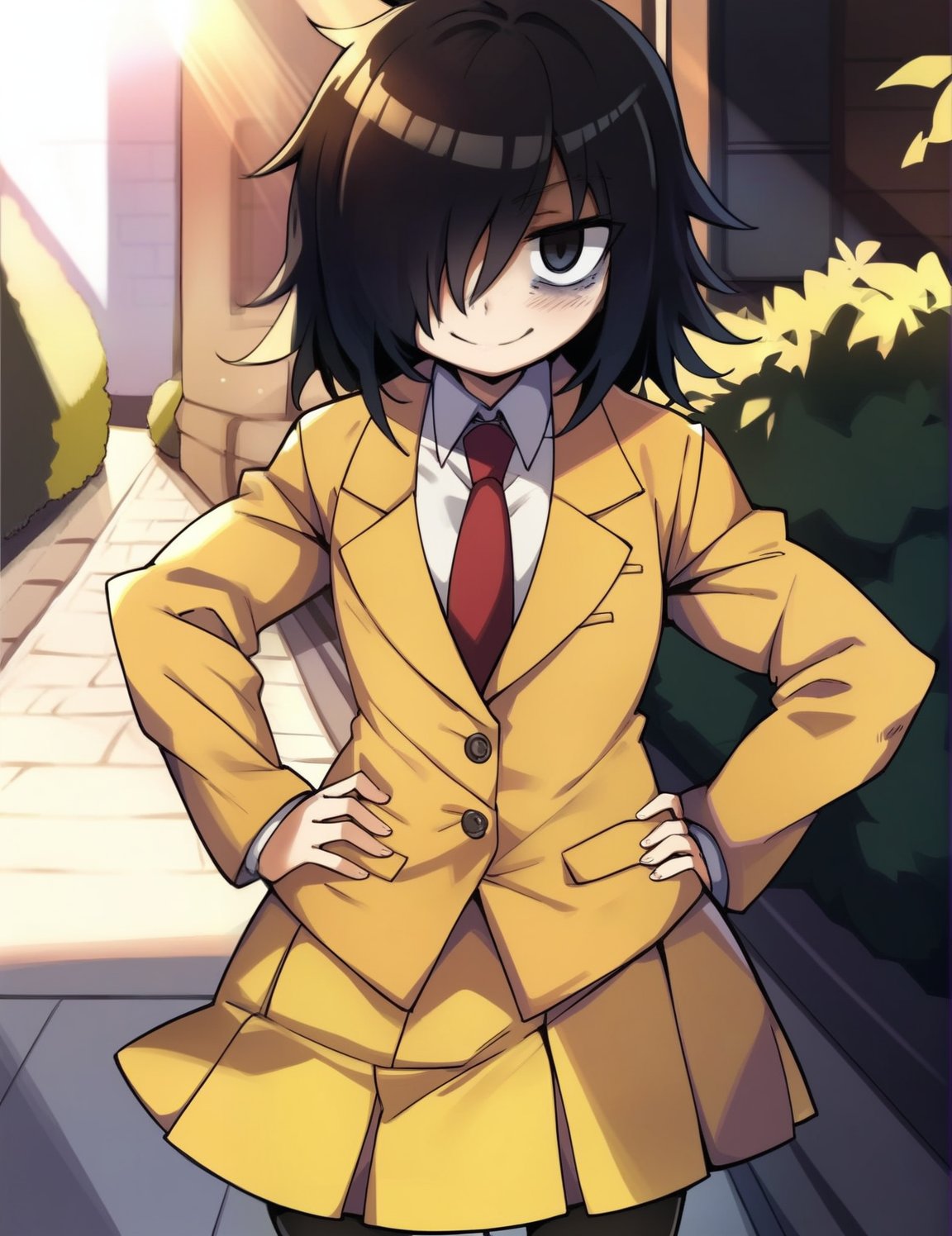 score_4, score_5, score_6, score_9, score_8_up, score_7_up, solo, source_anime, <lora:tomoko_kuroki-10:1>, tomokoxl, hair over one eye, bags under eyes, black hair, medium hair,  school uniform, black pantyhose, red necktie, yellow skirt, pleated skirt, yellow jacket, hands hand on own hip, nervous smile, street, nature, outdoors, light rays, sunset, standing, cowboy shot, 