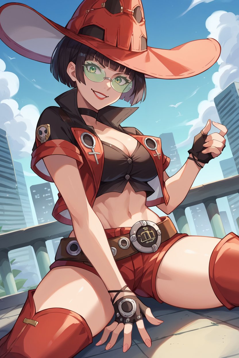 score_9, score_8_up, score_7_up, score_6_up, source_anime, 1girl, solo <lora:ggino-pdxl-nvwls-v1-000005:1> striveIno, black hair, green eyes, red hat, choker, tinted eyewear, red jacket, short sleeves, black shirt, short shorts, clothing cutout, midriff, belt, fingerless gloves, thigh boots, large breasts, sitting, on ground, knees, spread legs, looking at you, smile, from below, ledge, cityscape, lipstick