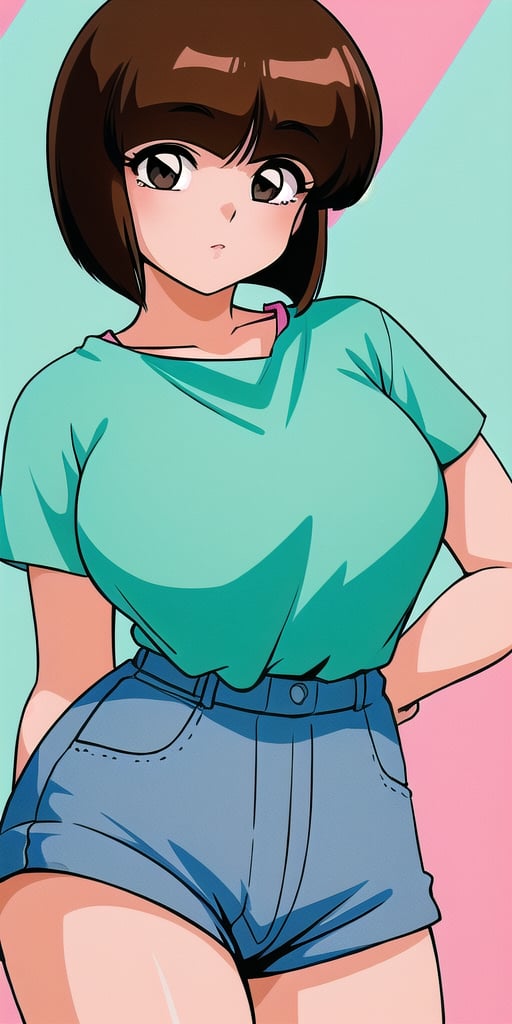 <lora:TendouNabikiV3:0.85> tendounabiki, huge_breasts, standing, solo, Aqua_shirt_Pink_undershirt_Short_shorts, masterpiece, best quality, detailed face, detailed eyes, highres,