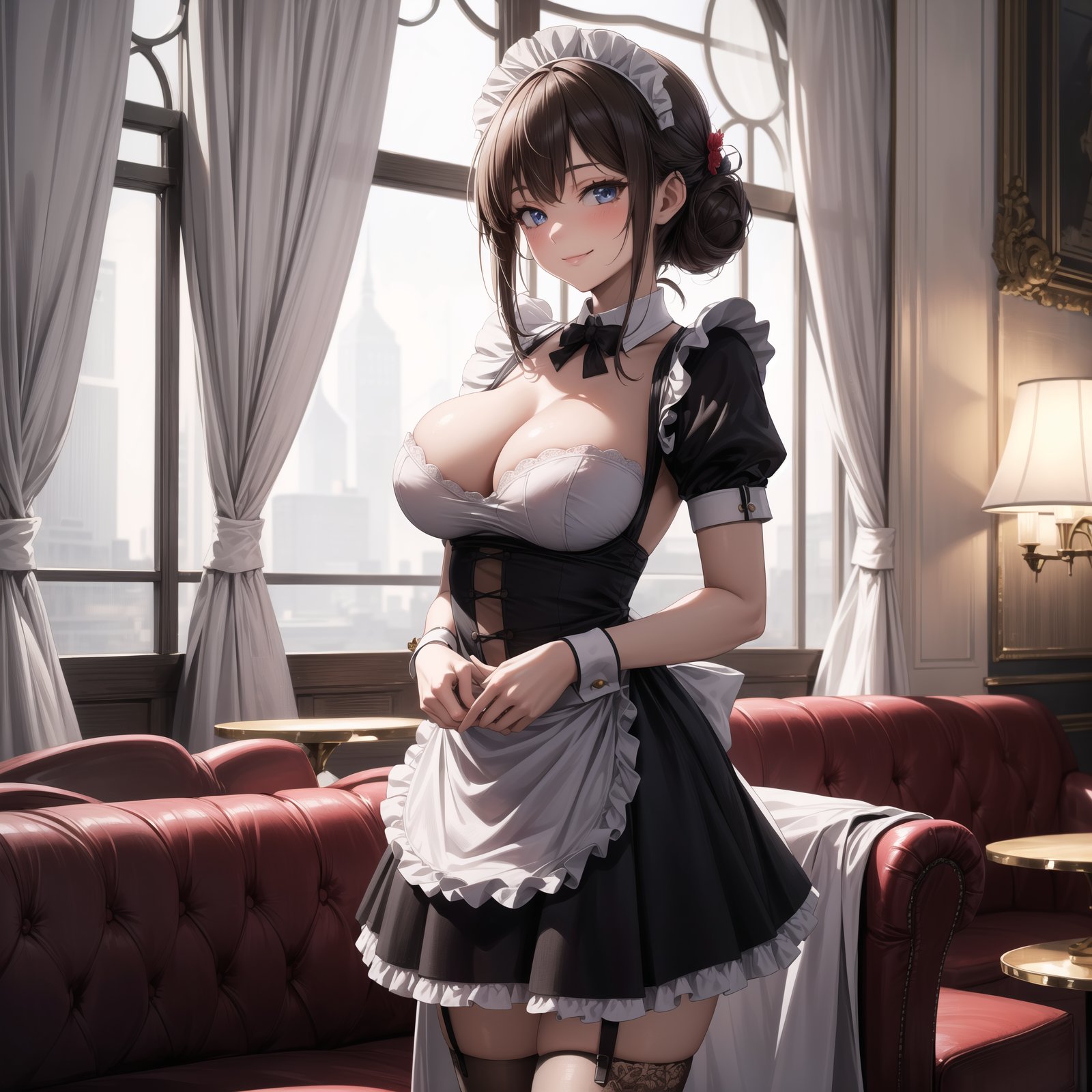 (masterpiece, best quality), (ultra detailed),(absurdres),(detailed anatomy:1.3),nice hands, nice fingers,cowboy shot, anime beautiful woman, england maid, (maid costume:1.3), solo, formal smile, (huge breast:0.8), sexy body, she is working at Luxury hotel tea lounge,<lora:more_details:0.3>