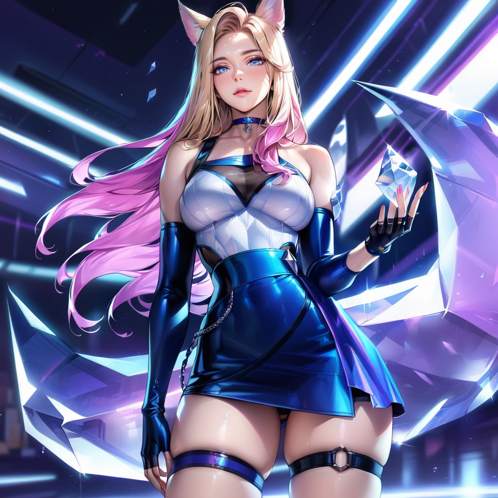 (Masterpiece), mature, HDR,UHD,8K, best quality, Highly detailed, physically-based rendering, extreme detail description, perfect skin, shiny skin, shiny hair,perfect face, 1girl, AllOut, ((asymmetrical_clothing)), blonde hair, blue eyes, pink hair, long sleeve, glove, fingerless glove, thighstrap, multicolored hair, mini skirt, thighs, facial mark, animal ears, tail, crytal, choker,Ahri, blue skirt, white top, K/DA Ahri, bare_shoulder, bare arm, ,LeagueOfLegendsAhri, long hair<lora:EMS-335737-EMS:0.600000>, <lora:EMS-388761-EMS:0.100000>, <lora:EMS-418641-EMS:0.800000>