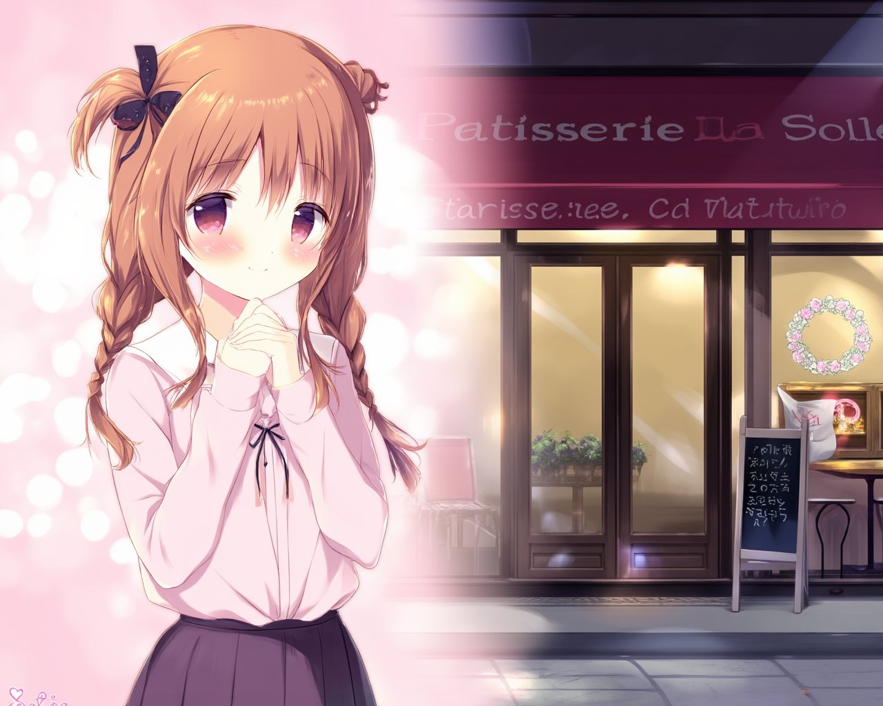 <lora:flux-backgroud:1>, <lora:flux-shiratama-R2:1>,The image merges the two distinct scenes described into a single cohesive composition. In the foreground, a young girl with long brown hair and pink eyes, adorned with black bows and wearing a pink blouse with a black skirt, stands peacefully. Her hair is styled in two braids, and she holds her hands together in front of her face. The background transitions into the entrance of "Patisserie La Soleil," a restaurant featured with a large glass door under a red awning. The entrance is decorated with a floral wreath and a sign bearing the restaurant's name. Two small tables with chairs and potted plants flank the entrance, while a chalkboard menu sits in the foreground. The scene is set at night, with the restaurant illuminated, casting a warm glow on the entrance.This integrated image captures the essence of both prompts, presenting a harmonious blend of a serene young girl and the inviting atmosphere of a renowned pastry shop, all under a unified, light pink hue with scattered white hearts, symbolizing a sense of tranquility and allure.