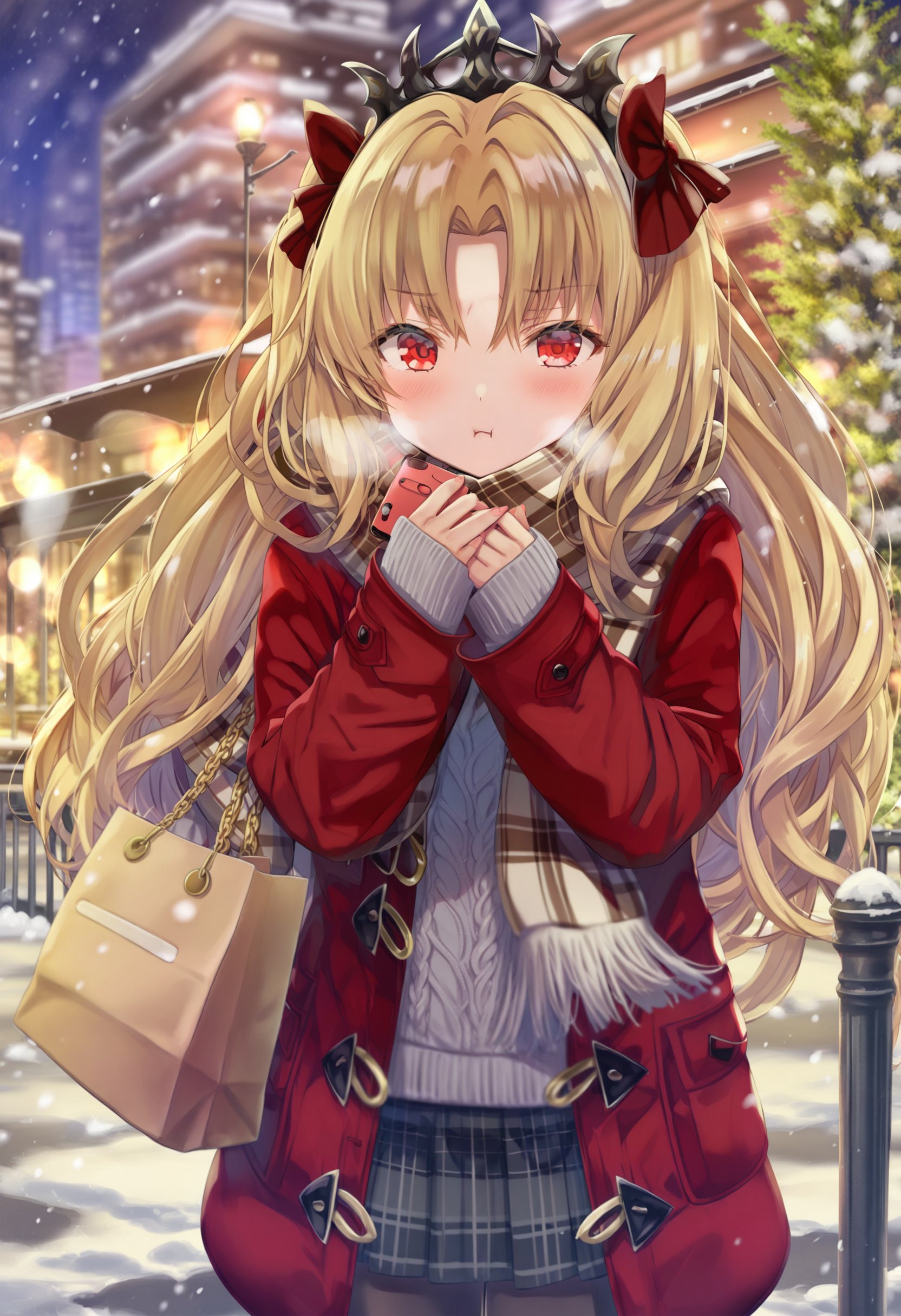 masterpiece, best quality,1girl, ereshkigal \(fate\),  solo, long hair, looking at viewer, blush, skirt, red eyes, plaid, pantyhose, phone, outdoors, long sleeves, red coat, bag, scarf, blonde hair, sweater, cellphone, open clothes, closed mouth, coat, holding, holding phone, black pantyhose, duffel coat, parted bangs, red bow, pleated skirt, bow, fringe trim, hair bow, shoulder bag, sleeves past wrists, lamppost, plaid skirt, pout, very long hair, black skirt, two side up, brown scarf, open coat, hands up, plaid scarf, cowboy shot, aran sweater, cable knit, standing, night, miniskirt, smartphone, red jacket, tree, breath, chain, tiara, winter, night sky, jacket, twitter username, hair between eyes, winter clothes, sky, casual, paper bag, gold chain, plaid headwear, white sweater, snowing, adapted costume <lora:torinoXLlokr8f-000182:0.95>