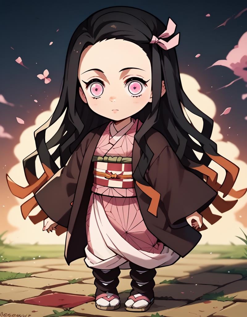 <lora:NezukoKamadopony-10:1>NezukoChibi, chibi, kamado nezuko, 1girl, long hair,  black hair,  haori, pink kimono, checkered sash,  obi, wide sleeves, long sleeves,, score_9, score_8_up, score_7_up, score_6_up, score_5_up, score_4_up,