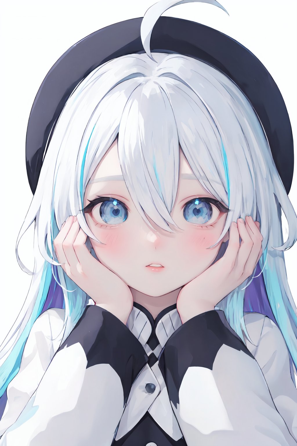 1girl, blue eyes, blue hair, pov, hat, looking at viewer, multicolored hair, white hair, ahoge, solo focus, blush, 1boy, white background, hands on another's face, long sleeves, parted lips, hair between eyes, hands on another's cheeks, pov hands, bangs, upper body, simple background<lora:to-vv2-tga-000060:0.5>,to-style,beautiful eyes,