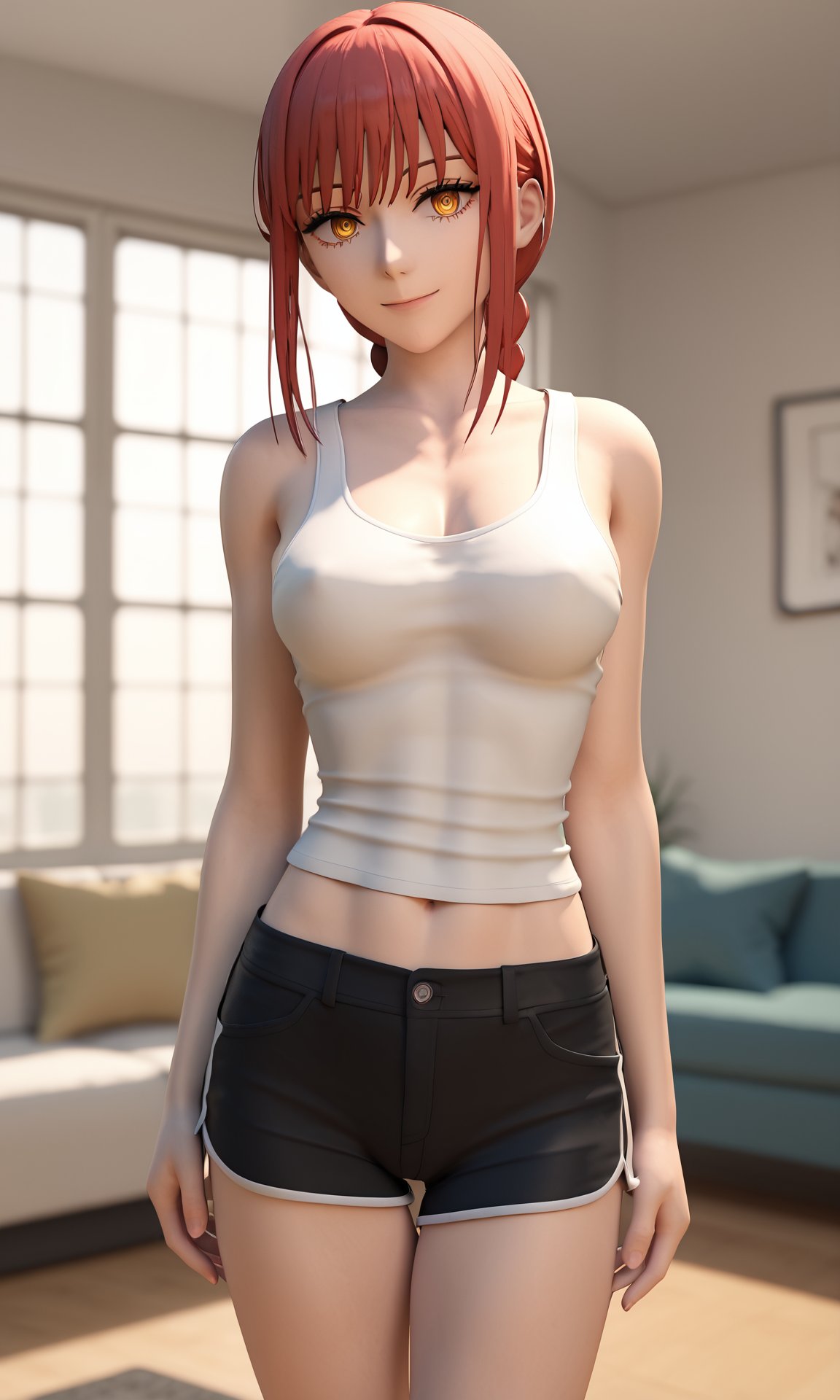 score_9, score_8_up, score_7_up, aesthetic, intricate details, 1girl, <lora:siraha_style:1> siraha_style, 3d, makima \(chainsaw man\), braid, tank top, shorts shorts, looking at viewer, smile, indoors, room