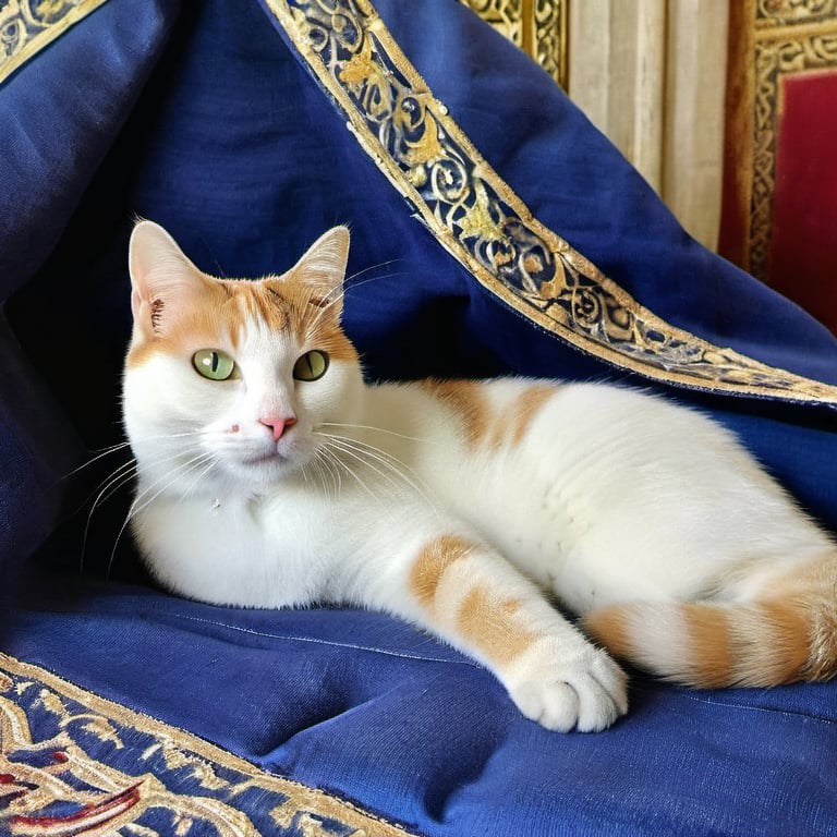 During the golden age of the Ottoman Empire, my cat, draped in luxurious textiles, enjoys the company of Suleiman the Magnificent, sharing the opulence of the Topkapi Palace.