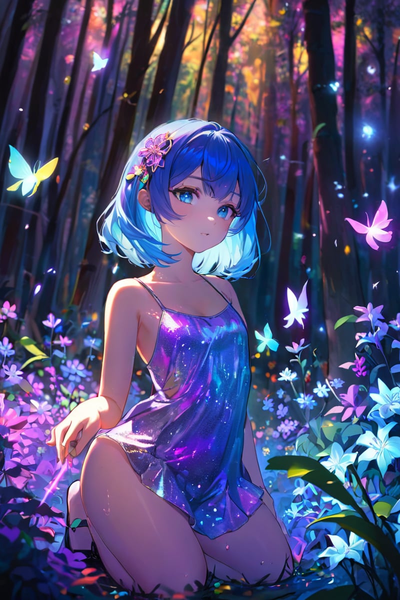 extreemely detailed, light particles floating, kneeling in the forest watching spirits, eerie aura, chromatic aberration, colorful forest lights during night time, oily skin, dynamic angle, colorful glowing flowers, night,hair ornament, intrincate clothing, sexy, high definition photo, ultra detailed skin, ultra detailed face, small skin imperfections, 1girl, Wispy bangs, small boobs, flat chest, Plump body, blue eyes, Lilac hair