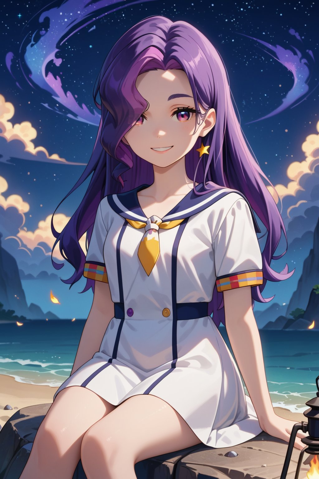 score_9, score_8_up, score_7_up, 1girl, hiragim, purple hair, purple eyes, multicolor_hair, long hair, hair ove one eye,, smile, looking at viewer, white dress, sailor collar, neckerchief, short sleeves, sitting sitting on rocks, beach background, starry sky, clouds, torch light, firepit, nighttime, night<lora:EMS-467752-EMS:0.800000>