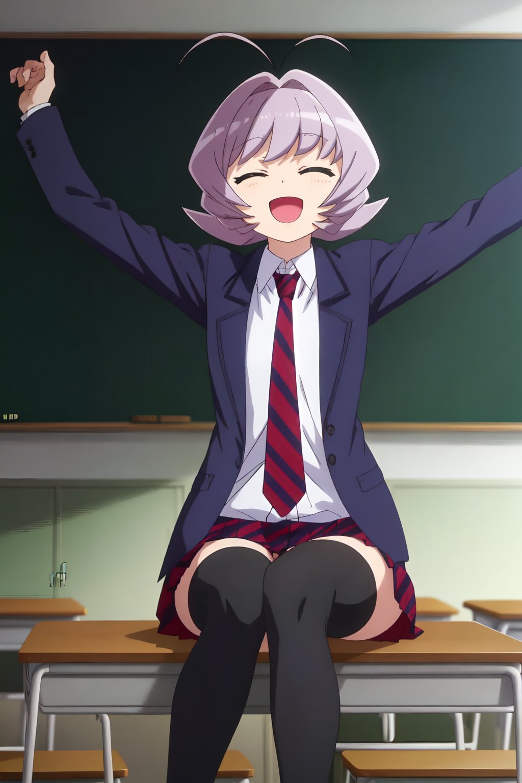 Najimi Osana, (8k, HD), solo, smile, short hair, open mouth, skirt, shirt, thighhighs, long sleeves, sitting, school uniform, jacket, closed eyes, white shirt, purple hair, :d, pleated skirt, necktie, striped, collared shirt, black thighhighs, indoors, blurry, red skirt, chair, happy, blazer, antenna hair, outstretched arms, blue jacket, red necktie, facing viewer, androgynous, 1other, desk, spread arms, classroom, school desk, striped necktie, chalkboard, striped skirt, school chair, other focus<lora:EMS-468581-EMS:0.800000>