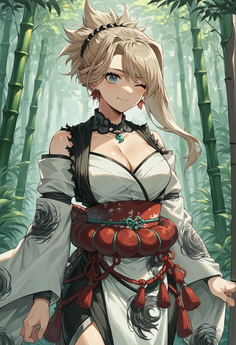 blue eyes, long hair, grey hair, single sidelock, ponytail, scrunchie, japanese clothes, detached collar, magatama, White kimono, pelvic curtain, detached sleeves, wide sleeves, rope, earrings, cleavage, wink, cowboy shot, bamboo forest,  <lora:Musashi:1>, score_9, score_8_up, score_7_up, score_6_up, score_5_up, score_4_up, BREAK source_anime, masterpiece