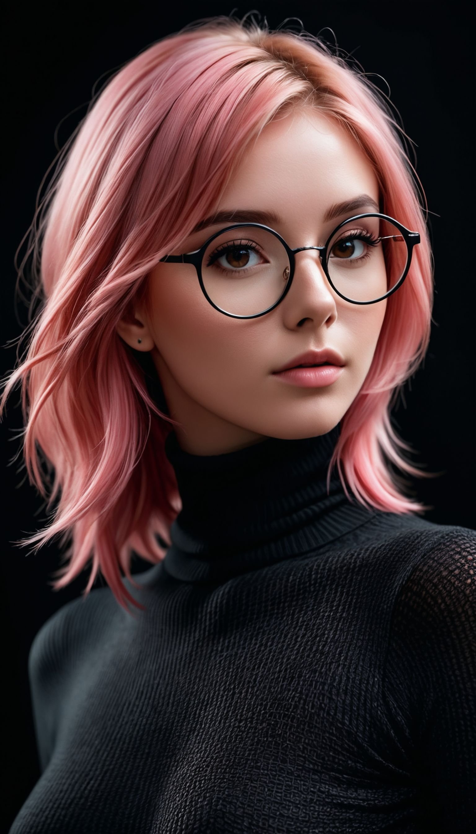 photo of a beautiful 25-year-old woman with pink hair wearing a black turtleneck and wearing round glasses, natural skin texture, realistic skin texture, black background, Fine art photography, award winning photography, 8k uhd, high quality, dramatic, cinematic