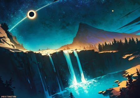 scenery, no humans, waterfall, lake, mountain, night, star \(sky\), eclipse, anato finnstark